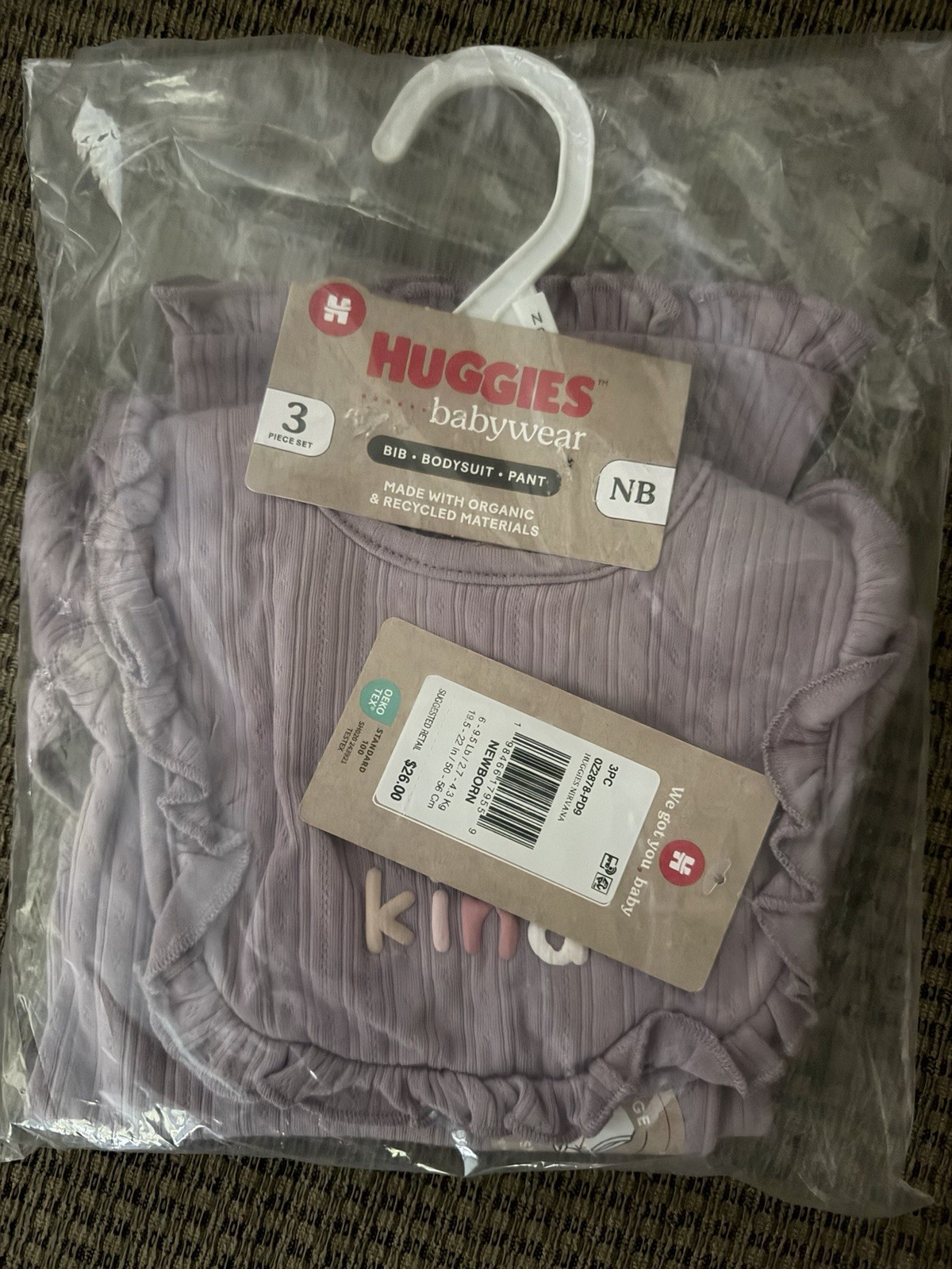 Huggies Babywear Girls Newborn 3pc Purple Ribbed Bodysuit Pants Bib Set