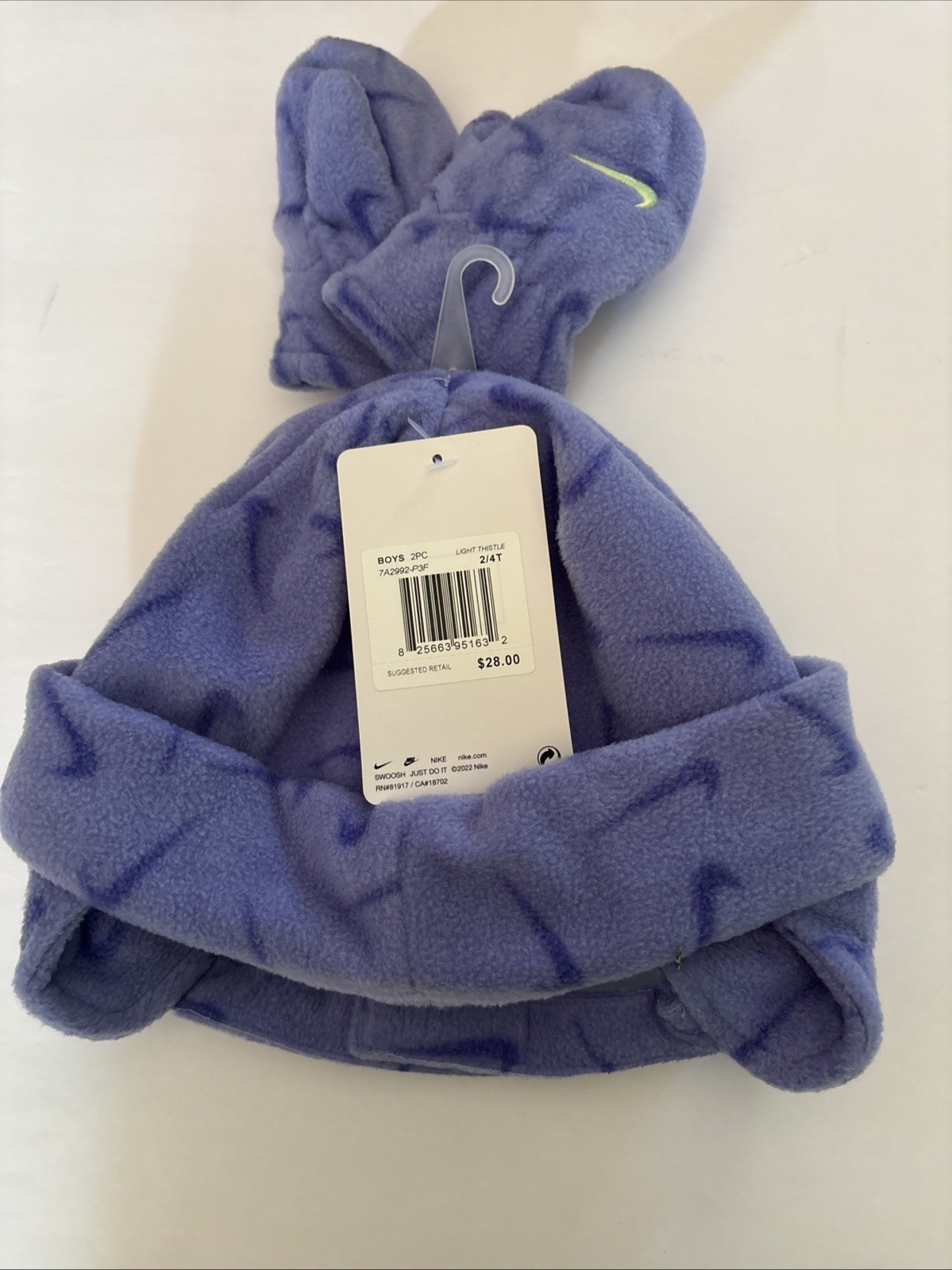 Nike Toddler Fleece Chin Strap Trapper Hat & Mittens 2 Piece Sz 2/4T – NEW