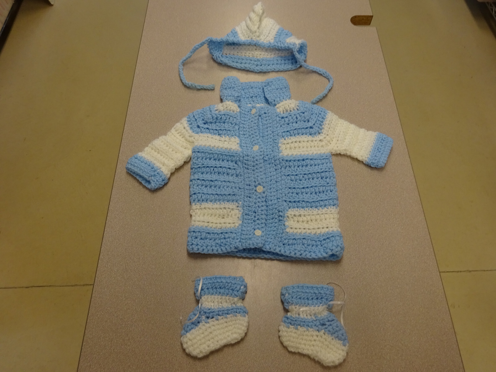 Hand Crocheted Baby Sweater Blue & White, Booties & Bonnet Hat Set Vintage 70’s