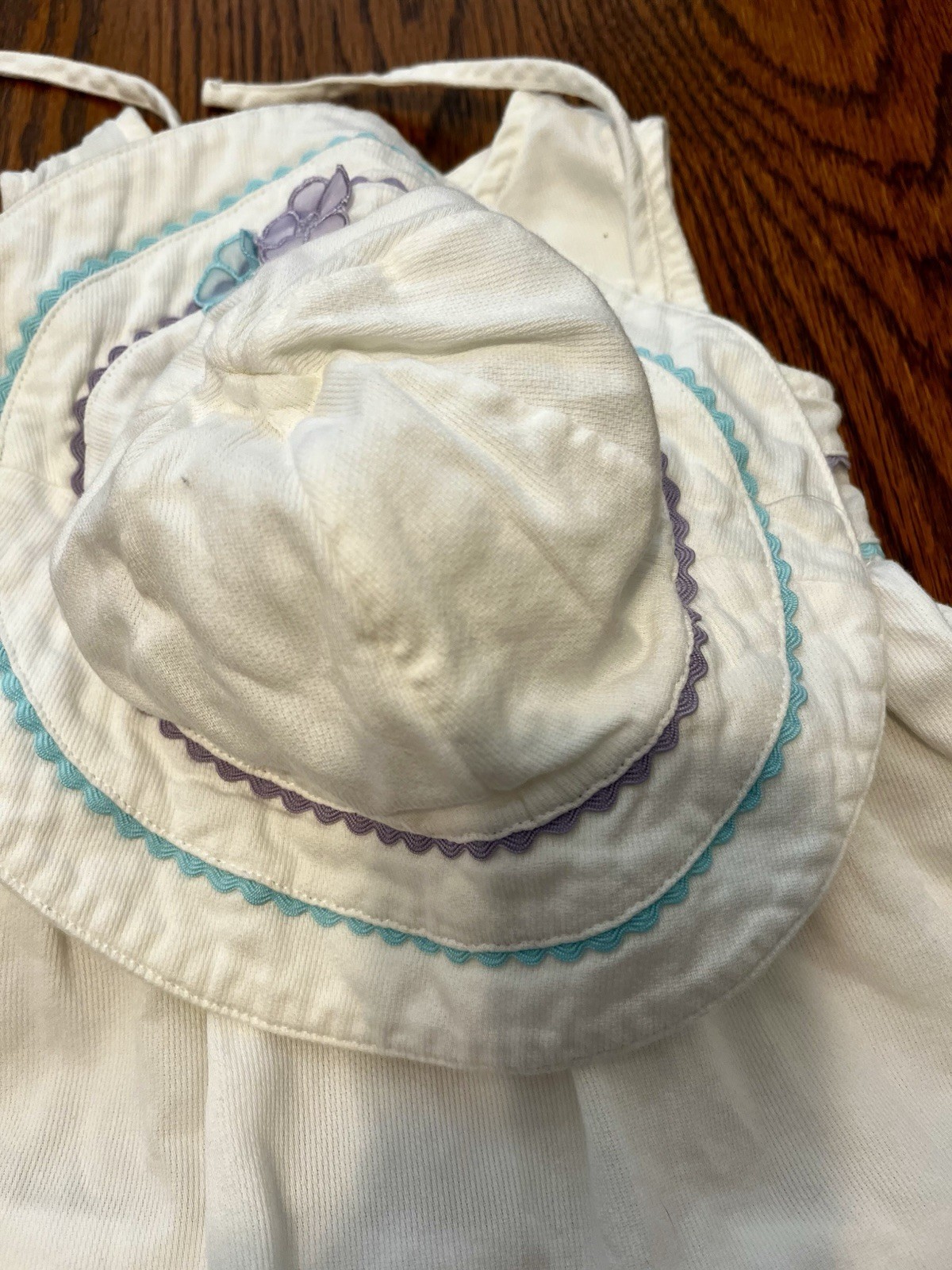 Sundress Bonnet Sz 6-9 Mos White Blue Purple Trim Bloomers Koala Baby