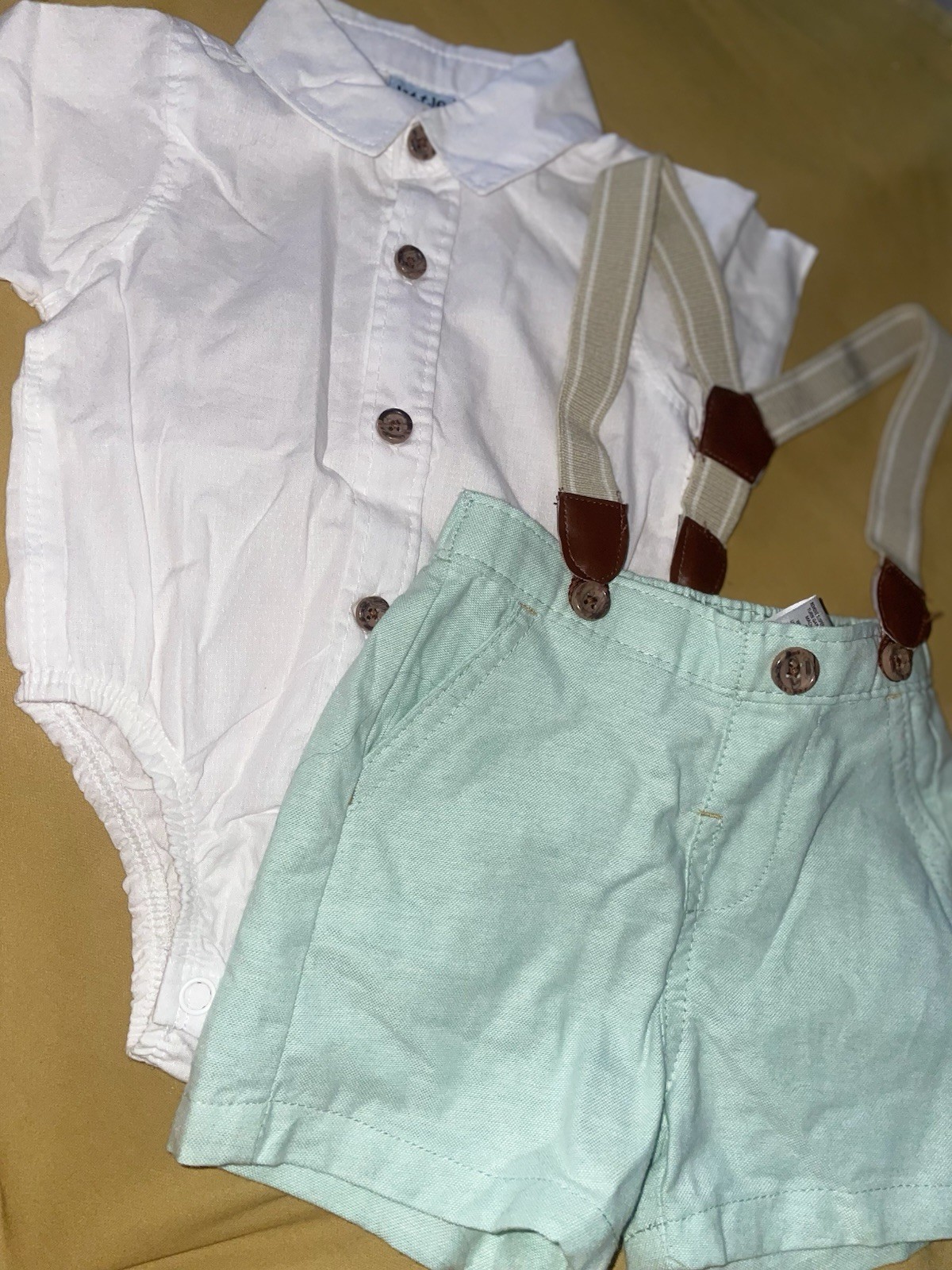 Little Lad 0-3M 2pc Cotton White Bodysuit & Green Shorts w/ Suspenders