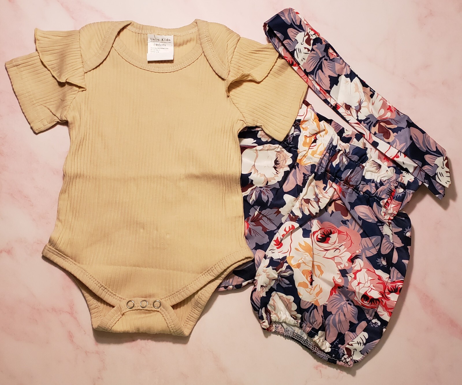 Apricot Short Sleeve Shirt, Multi-Color Floral Shorts, and Headband Set