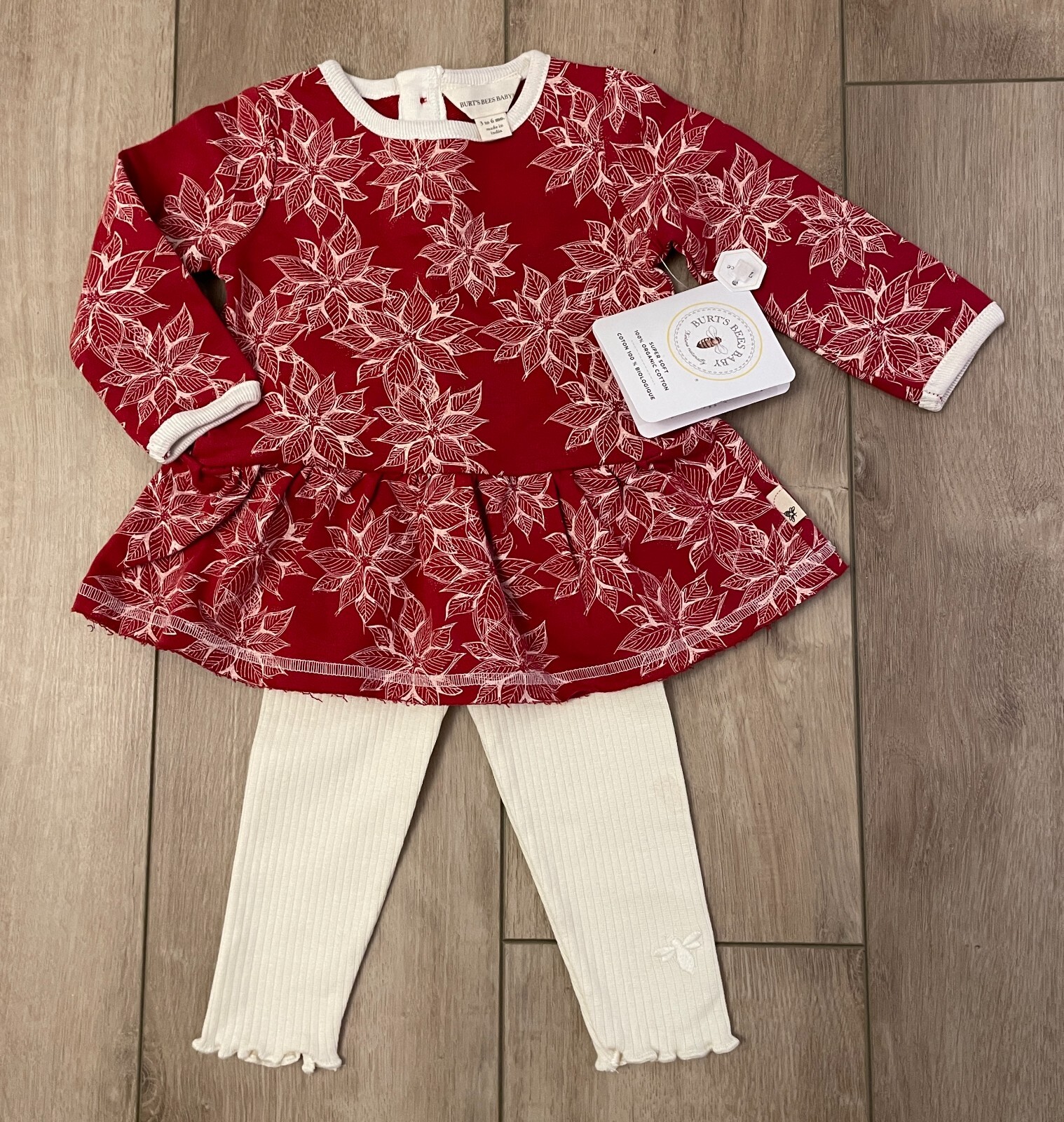 Burt’s Bees Baby-Organic Cotton-Holiday 2 Piece Set-3 to 6 Mo-Tunic Leggings-NWT
