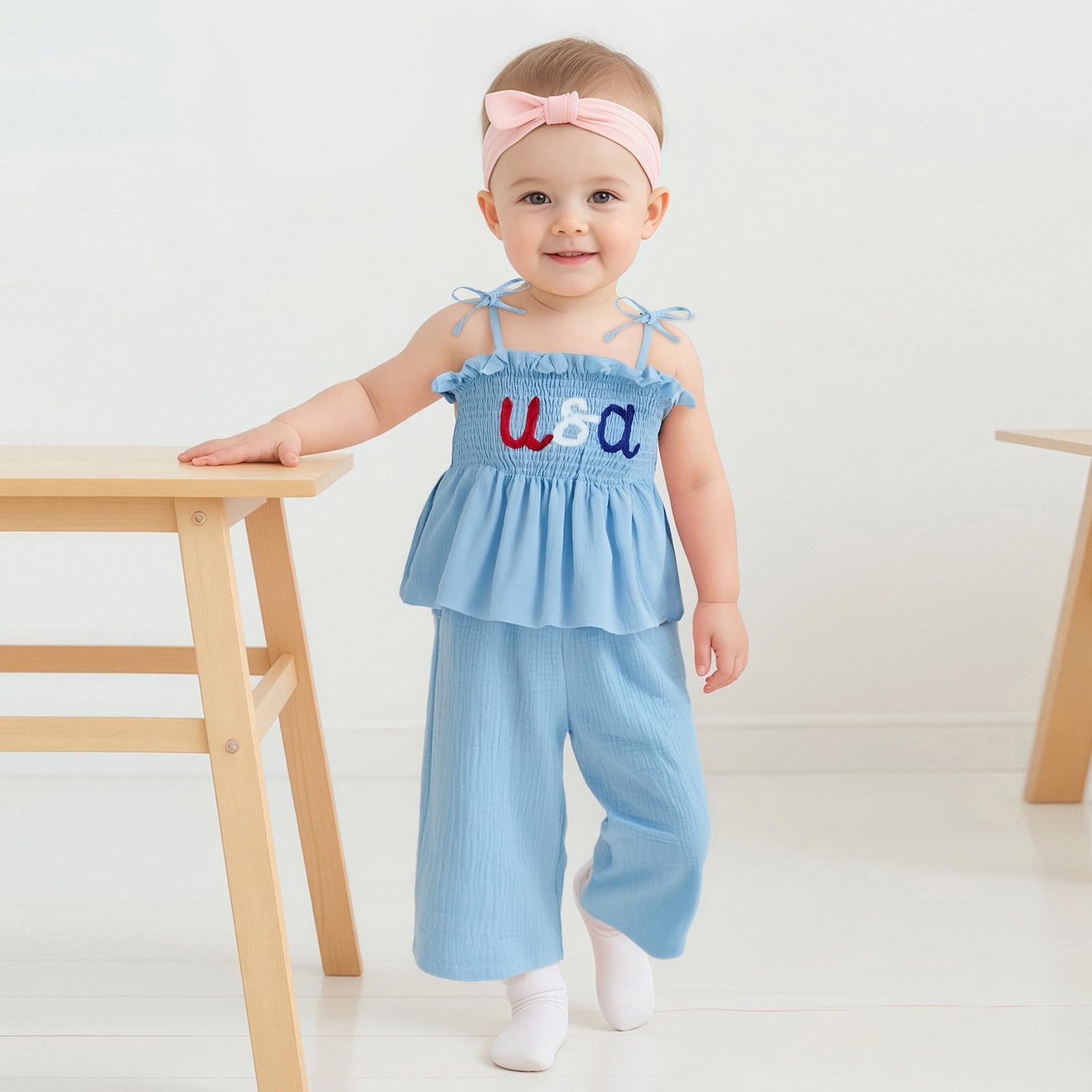4th of July Outfit Baby Girl Smocked Tank Top+Wide Leg Pants Set Kids Toddler…