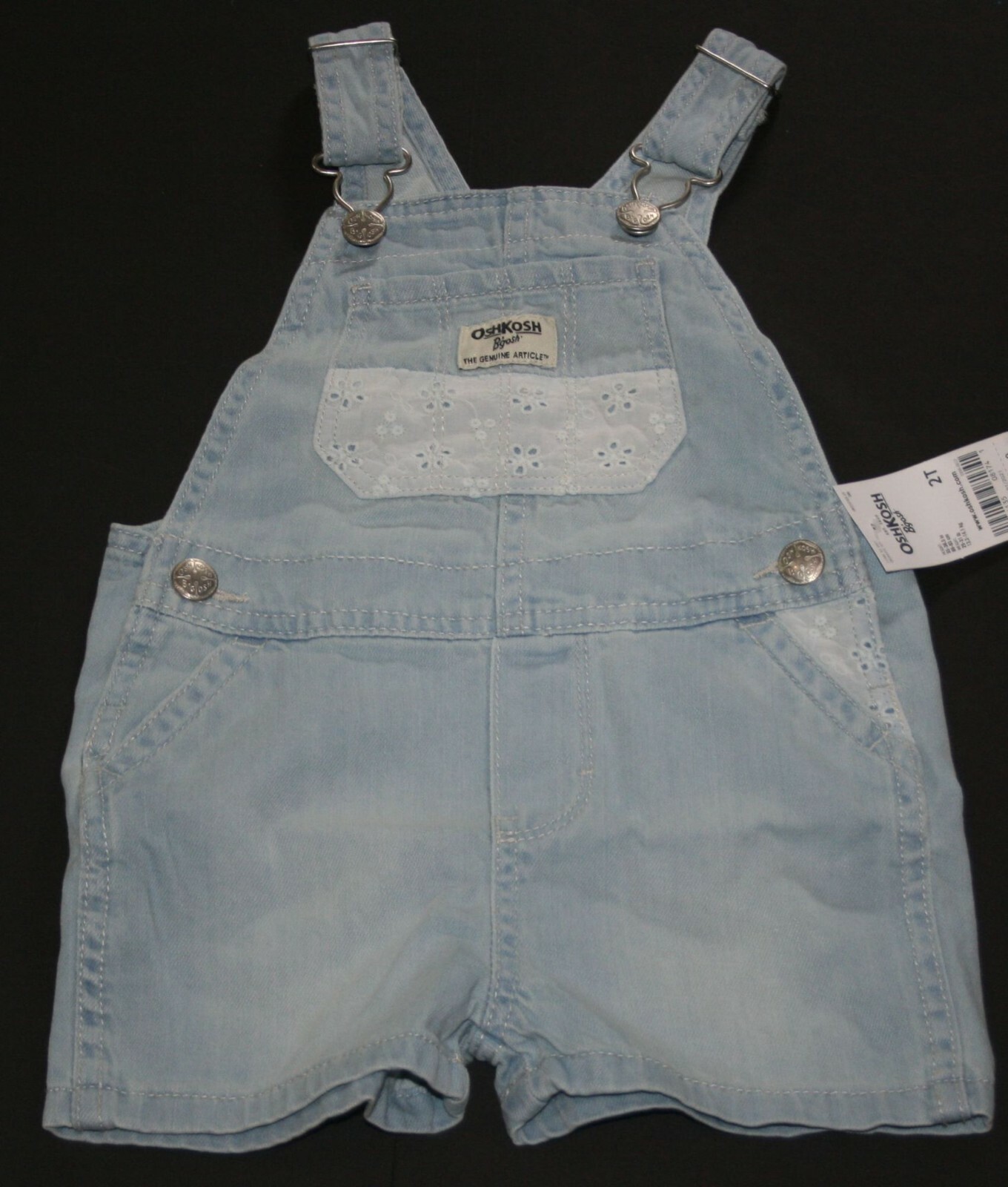 New OshKosh Girls Denim Light Blue Jean Overalls Shorts Eyelet 24m 2T 3T 4T 5T