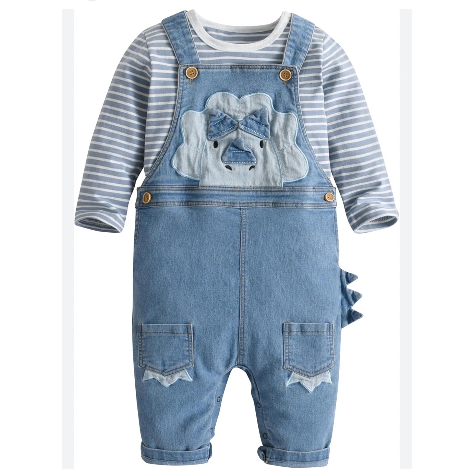 NewToddler Boys Denim Overalls Striped Long Sleeve Shirt Dinosaur Set 6-12 Month
