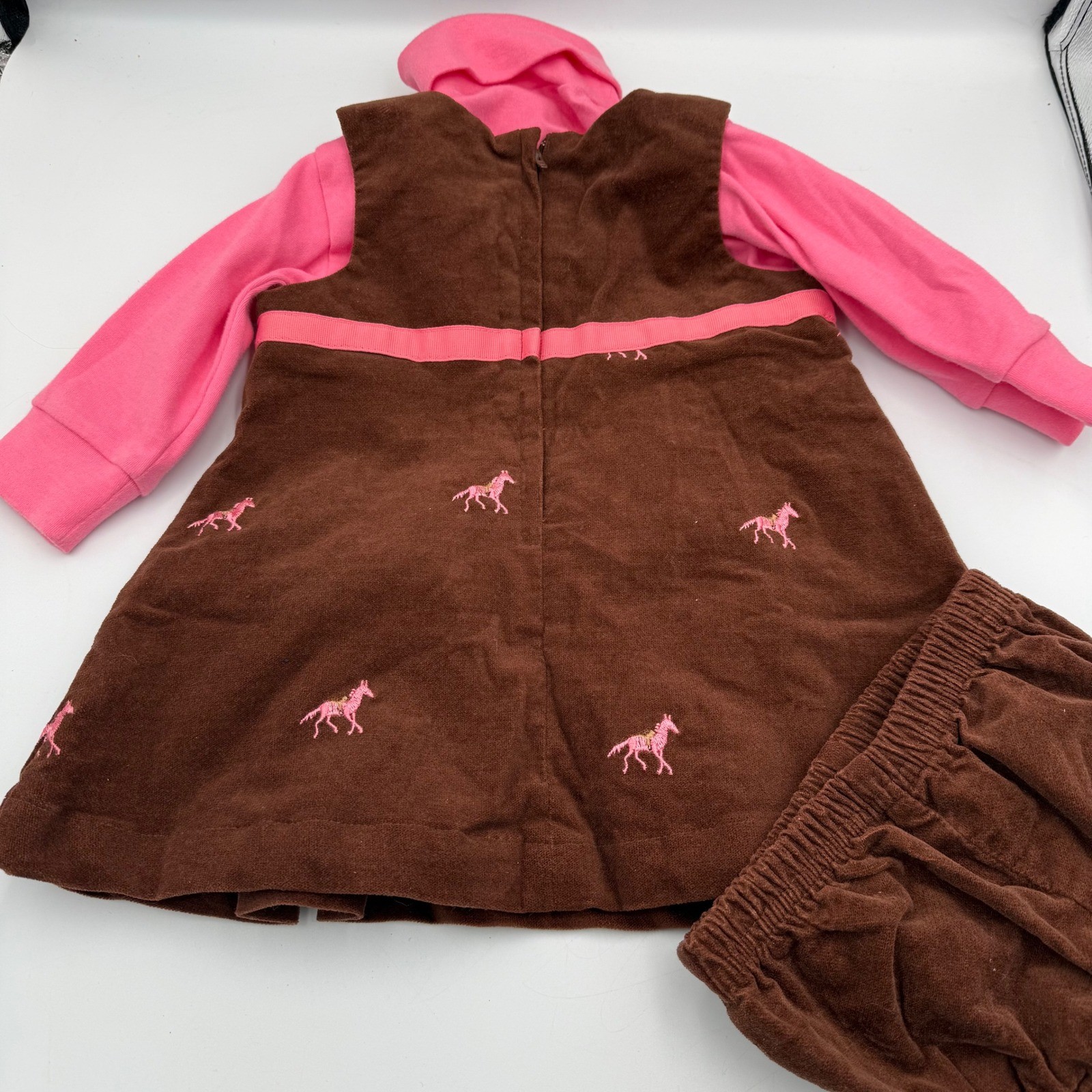 Hartstrings 12M Embroidered Horse Dress 3 Pc Set Pink Brown Baby Girl Outfit