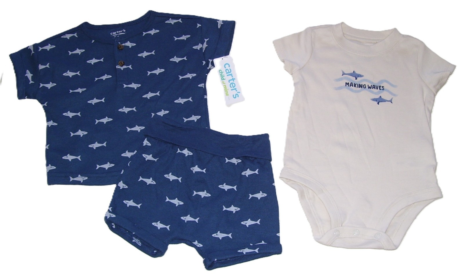 Carter’s Child of Mine 3 Pc Ivory Shark Bodysuit Blue Shirt Shorts Outfit 3-6M