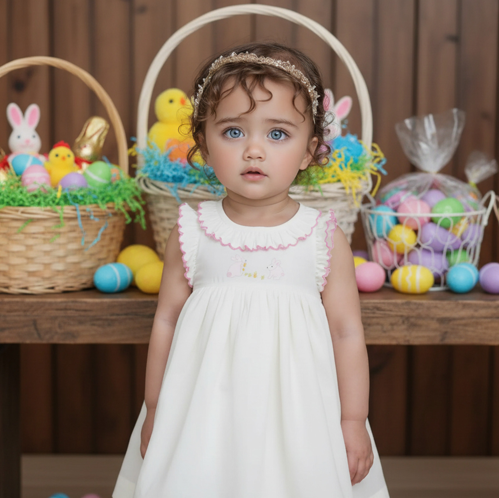 White Bunny Hand-Embroidered With Scalloped Collar Dress