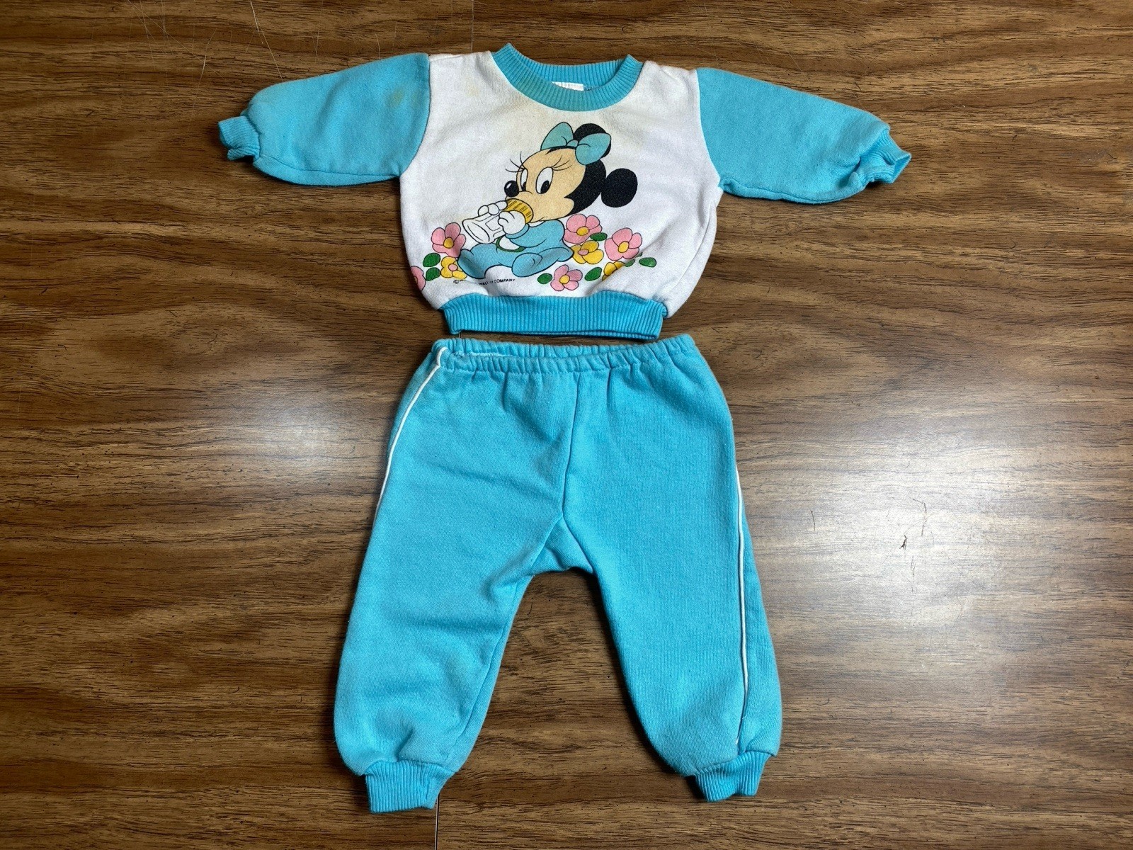 80s Disney Babies Vtg Minnie Mouse Jogger Sweatsuit Set Baby Newborn-6mo Stains