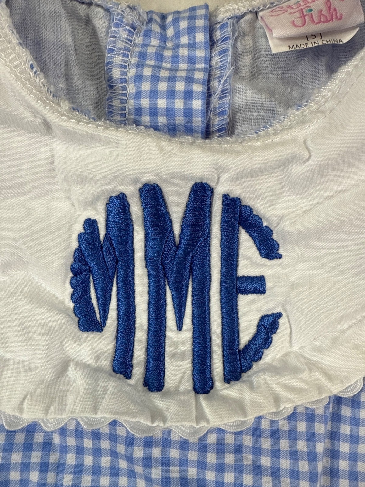 Stitchy Fish Blue Gingham Toddler Outfit With Monogrammed MME Collar (HH759)