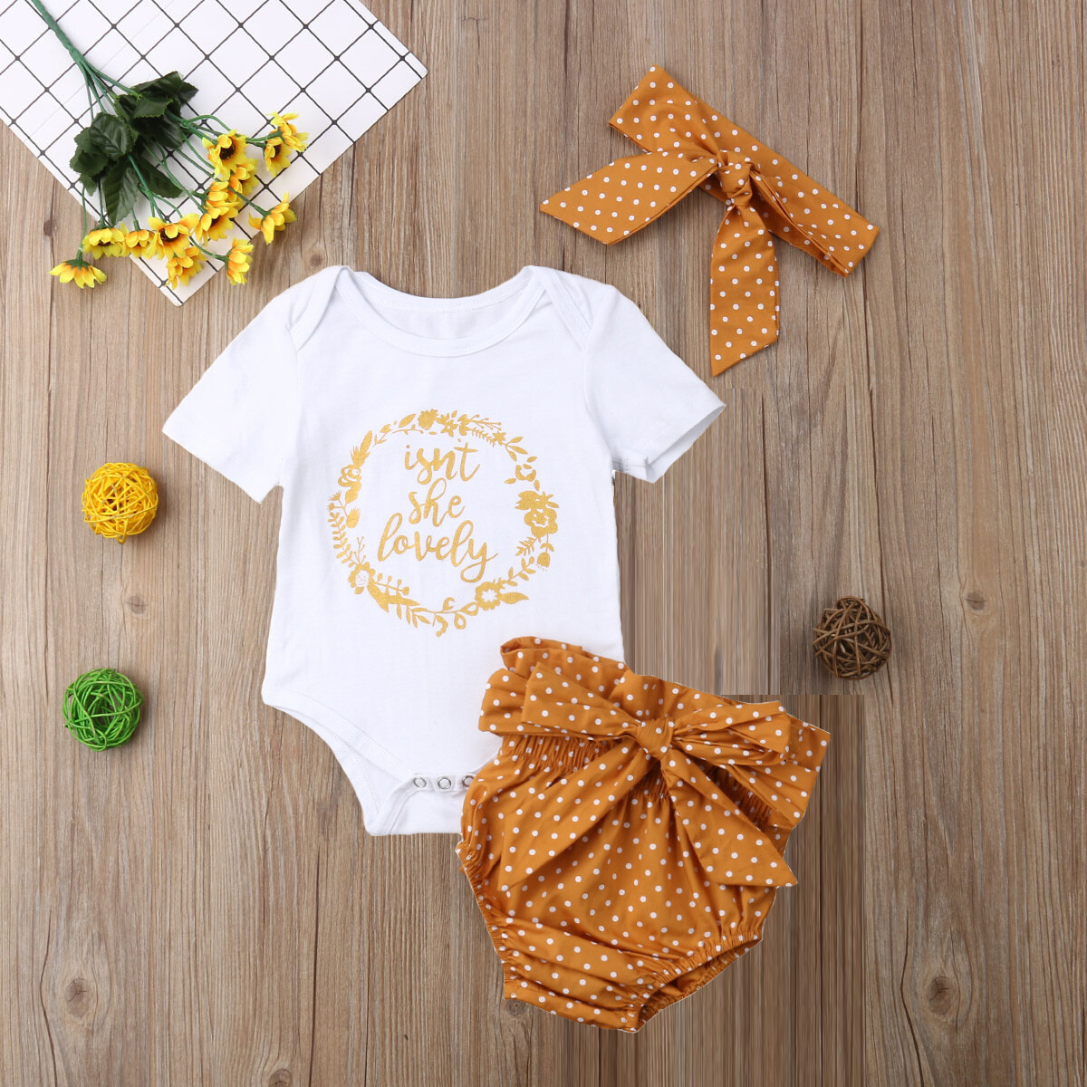 Newborn Baby Girls Ruffles Letter Print Bodysuit Romper+Dot Shorts Outfits