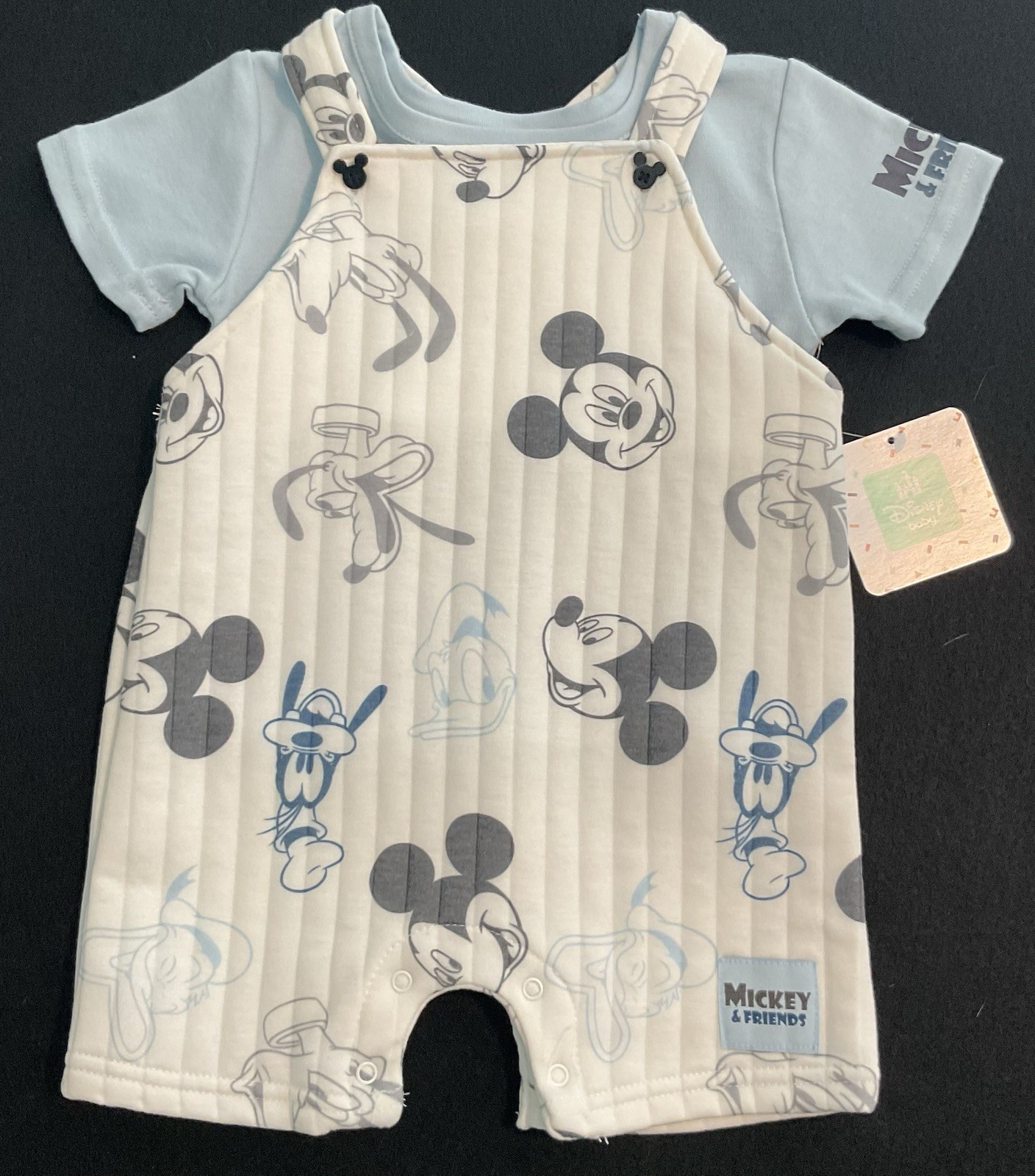 Mickey & Friends Infant Boys 18 Months Knit Overall Shortall & Tee Shirt Set NEW
