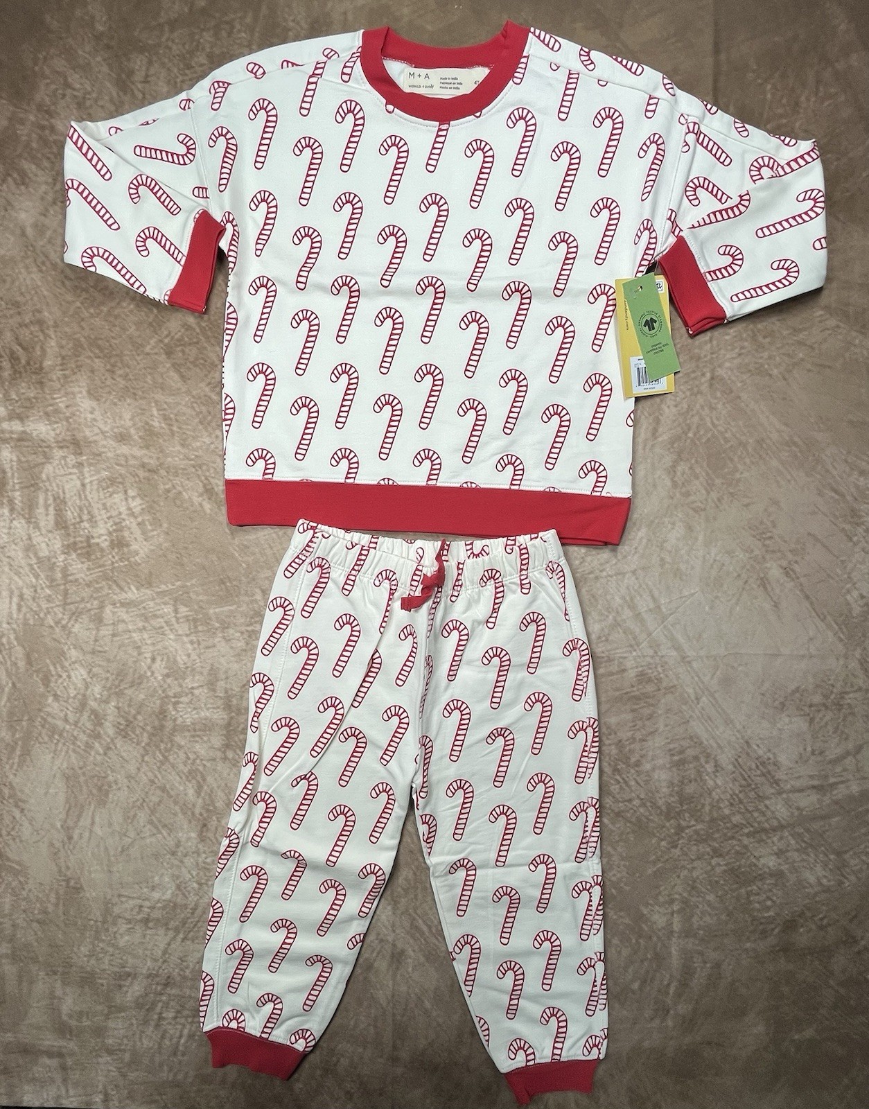 Cream Color With Candy canes Unisex Sweat Suit By M & A In Size 4T