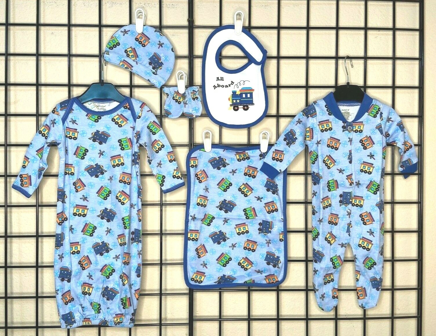 NEW NWT 6 piece Royal Blue “Trains” Sleep Sack/Footie/Mitten/Hat/Burp 3-6M