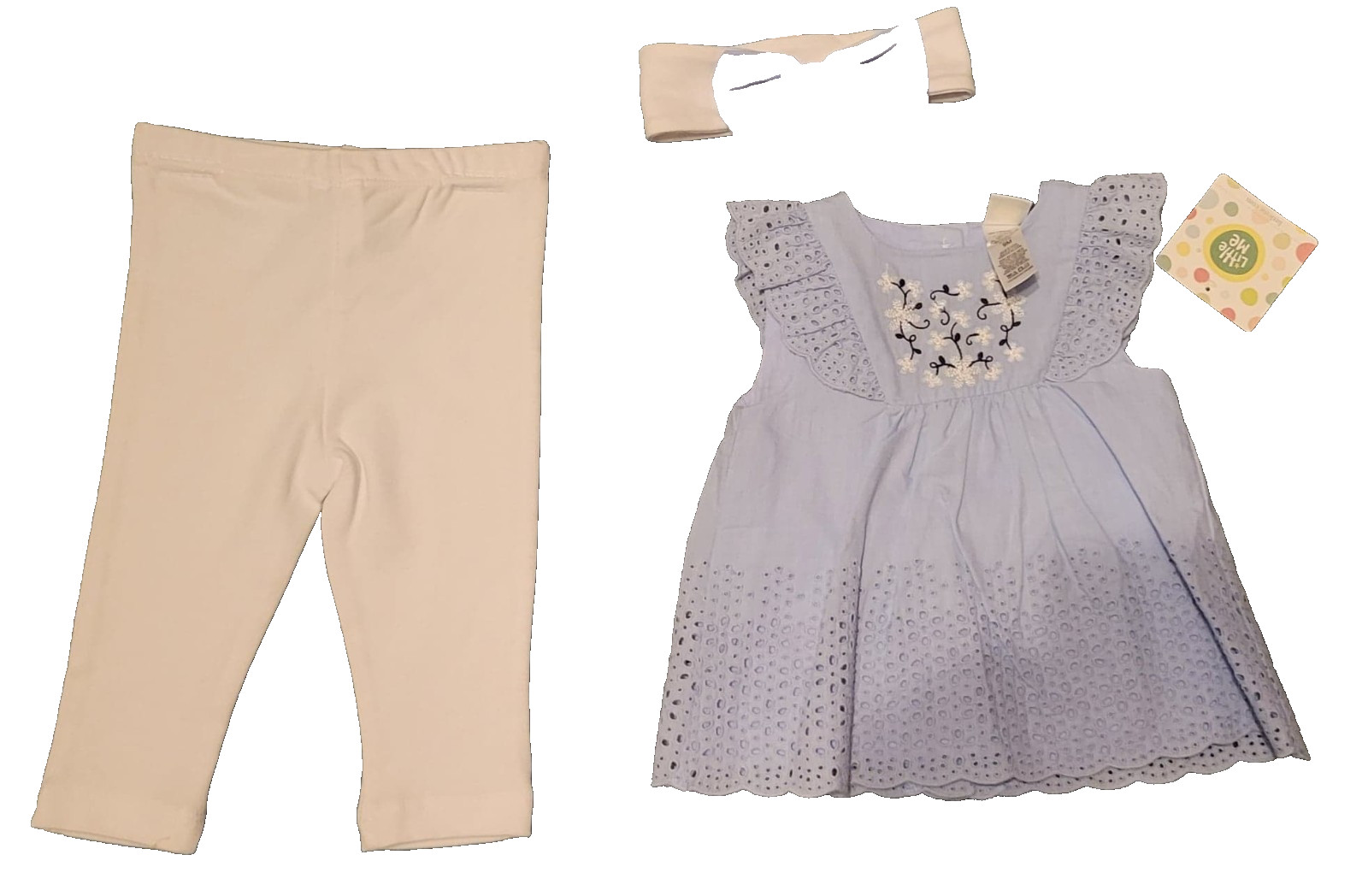 Girls Little Me Infant Summer 2 piece Pant Set, 9 Months, Eyelet, blue/white NWT