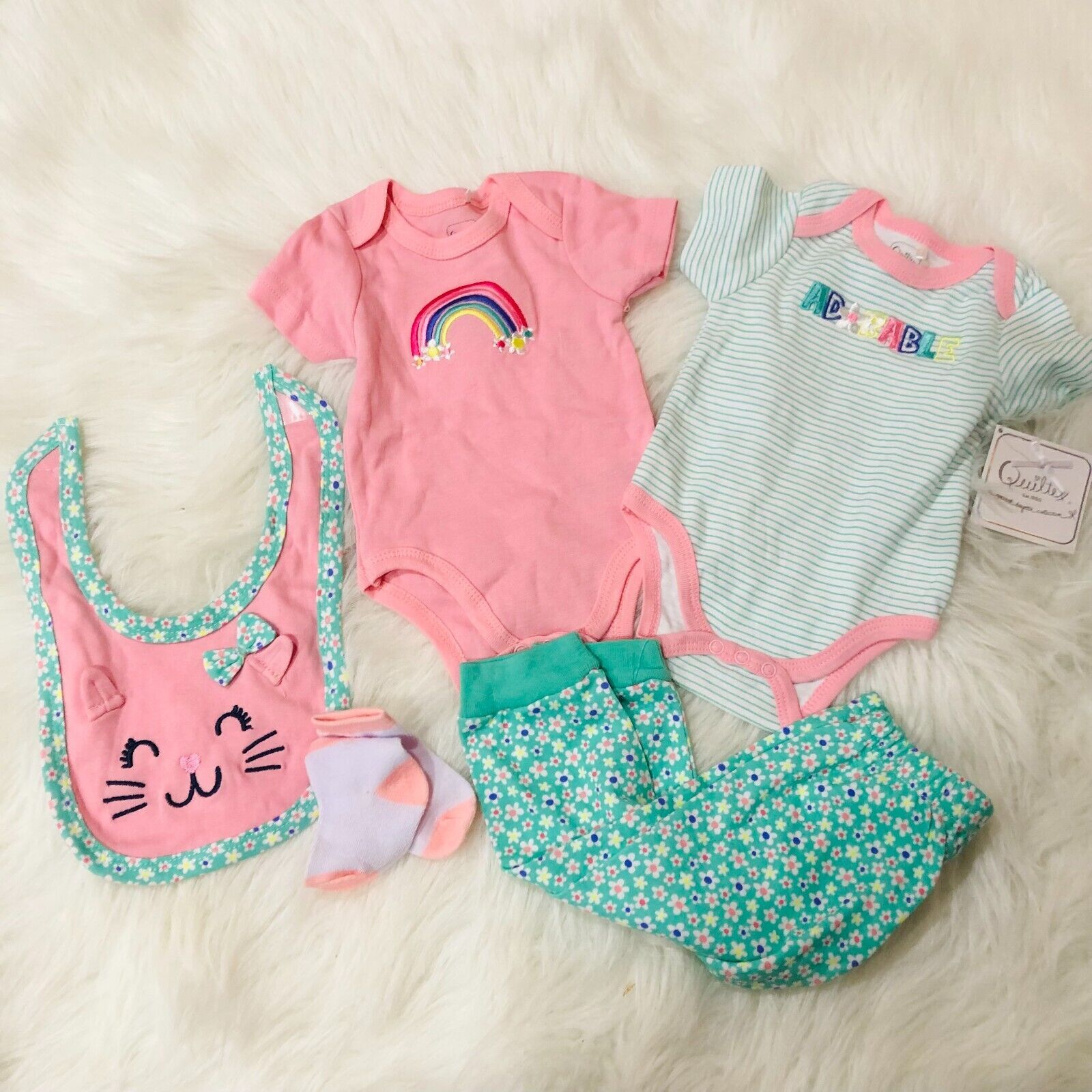 Quiltex Baby Girls One Piece Pants Bib Socks Assorted 6-9 Months 5 Pieces