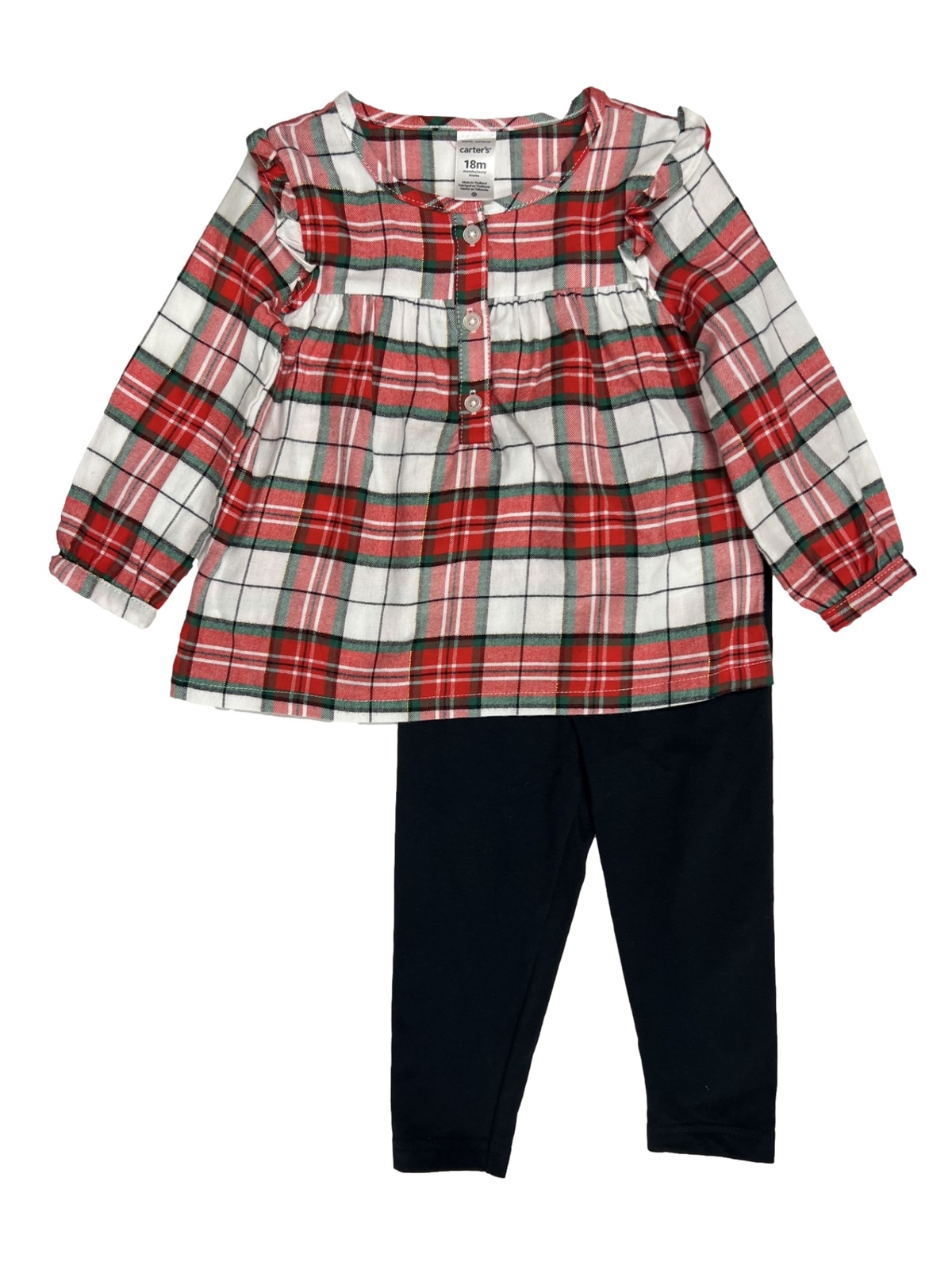 Carters Infant Girls Long Sleeve Red & Green Plaid Top With Black Leggings