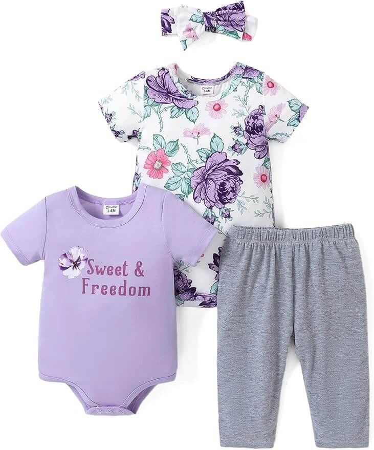 PATPAT Baby Girl’s 4 Piece Infant Short Sleeve Romper Pants & Headband 3-6 New