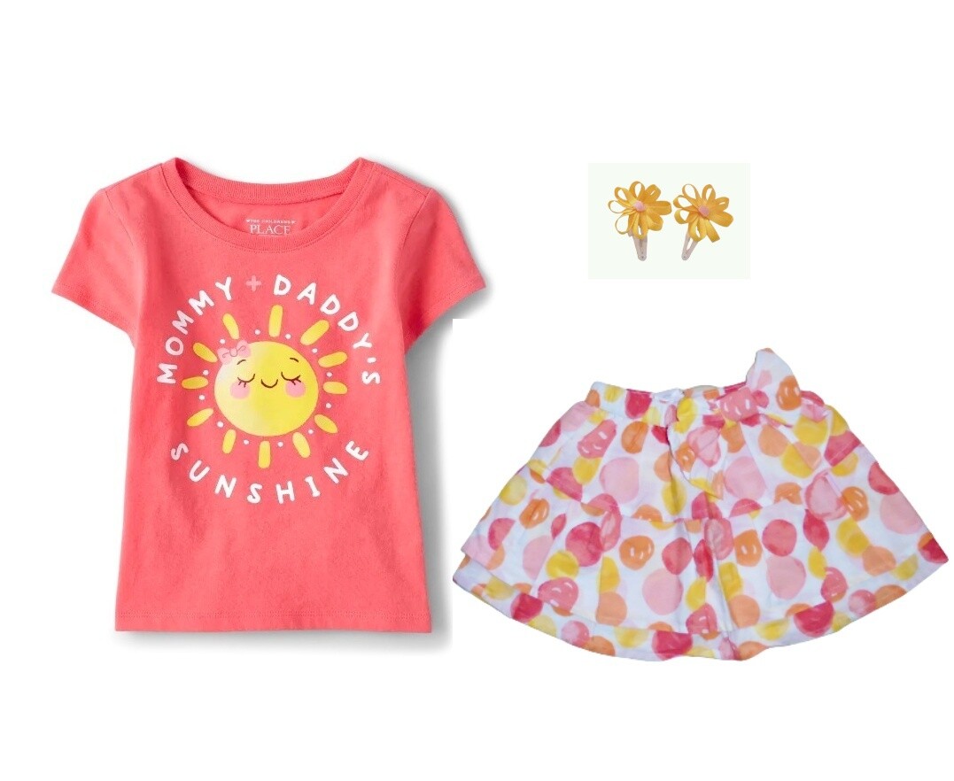 NWT Gymboree Toddler Girls Sunshine Tee Tiered Skirt Hair Clips Size 2T NEW