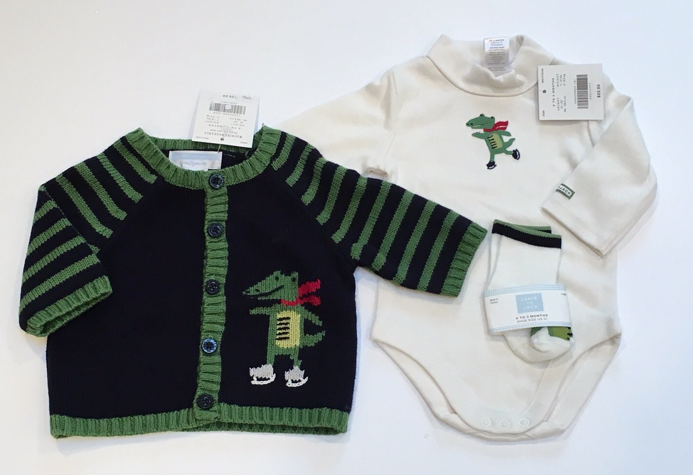 NWT Janie & Jack Winter Alligator 0-3 Months Navy Sweater Hat Bodysuit & Socks