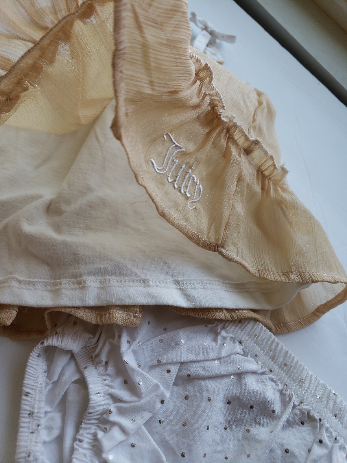 Juicy Couture Chiffon Gold Polka Dots Baby Dress & Bloomers Size 12 Months