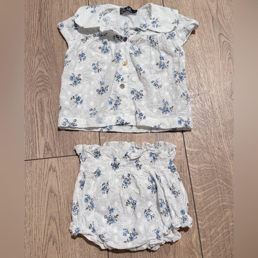 Belati White Blue Floral Set Girls size 1 Eyelet Shirt Bloomers Boutique Outfit
