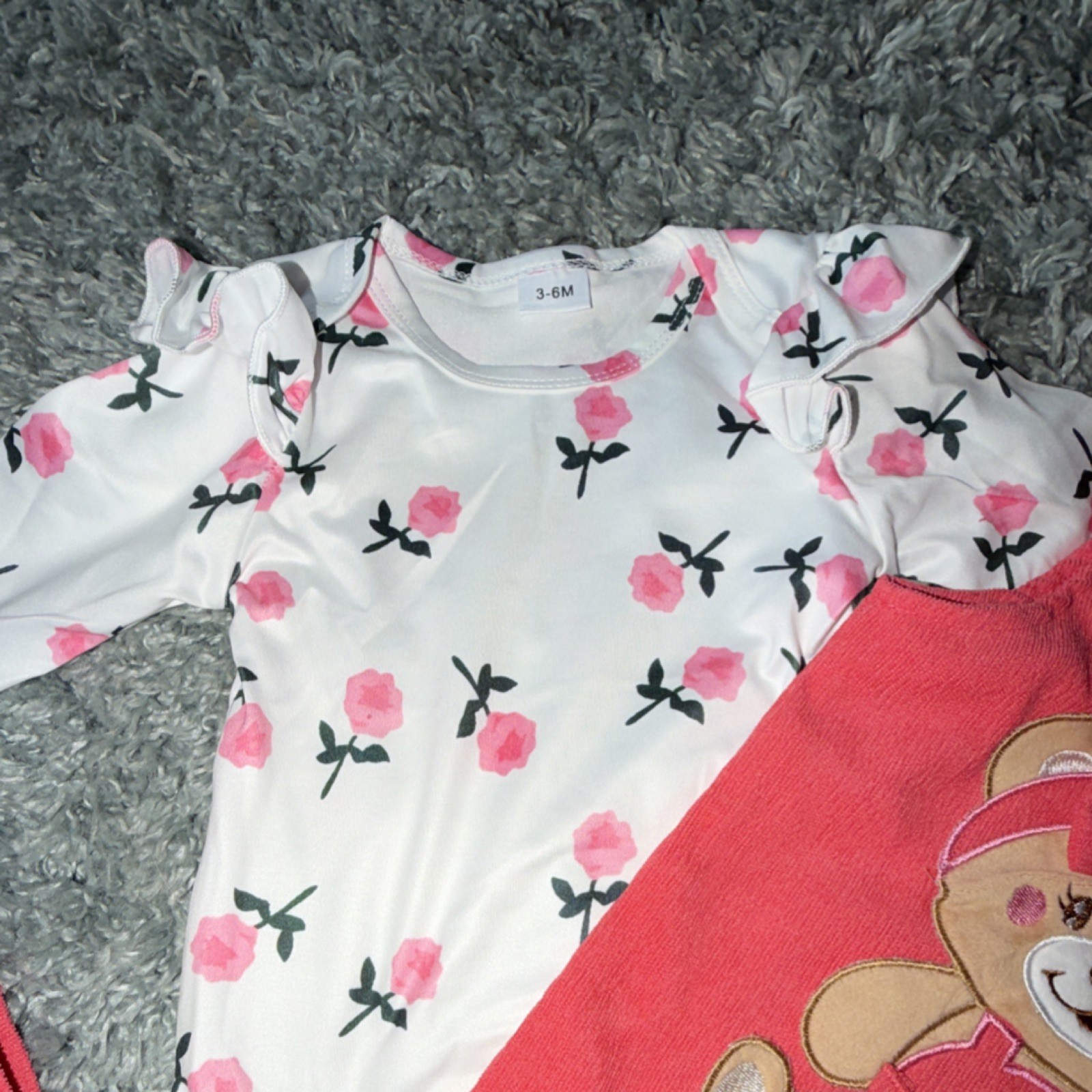 Pink Floral Bear 3 Piece Outfit Set 3-6M Bodysuit Overalls Headband