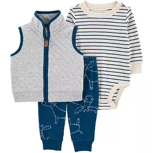 New Baby Carter’s Quilted Vest, Bodysuit, & Moose Print Pants Set 3 6 9 12