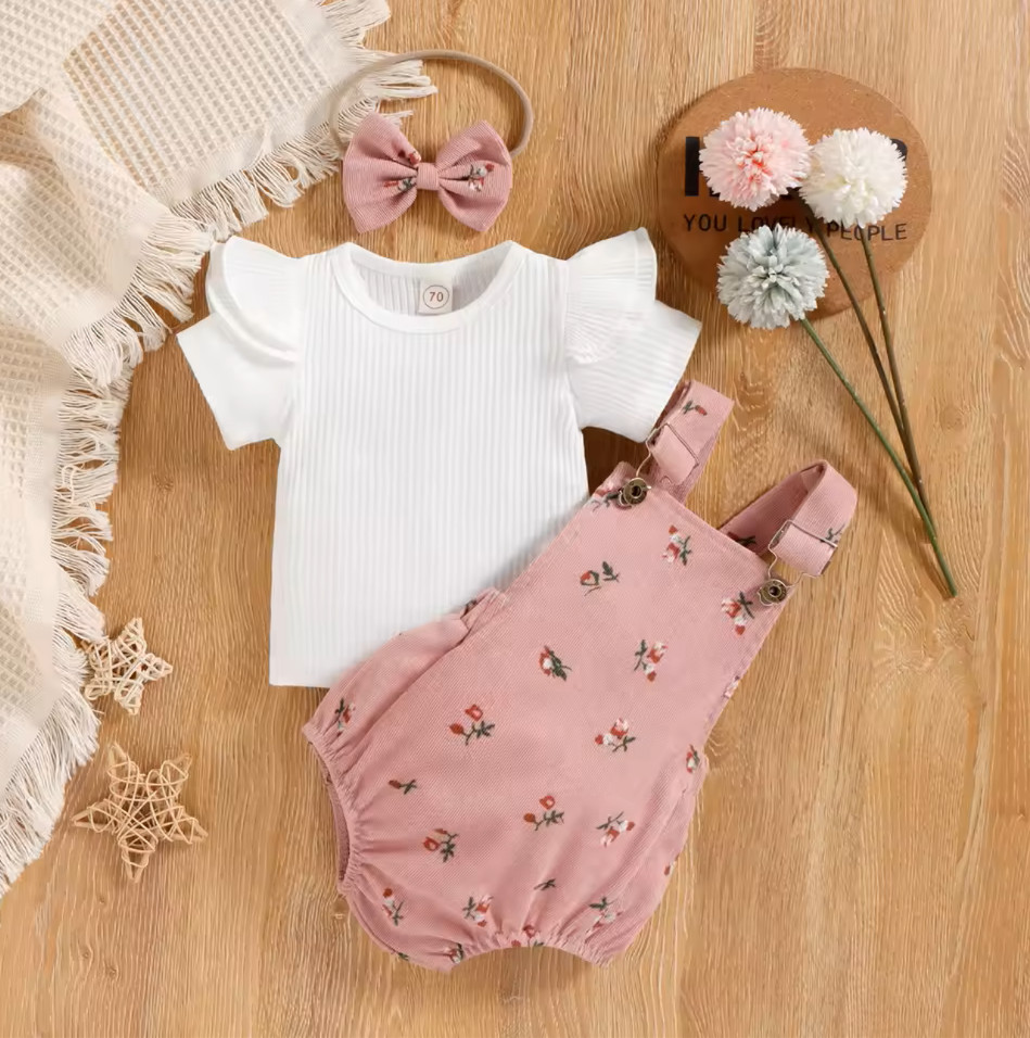 Baby Girl Assorted Color Fly Sleeve Round Neck Tops Flower Pattern Suspender Jum
