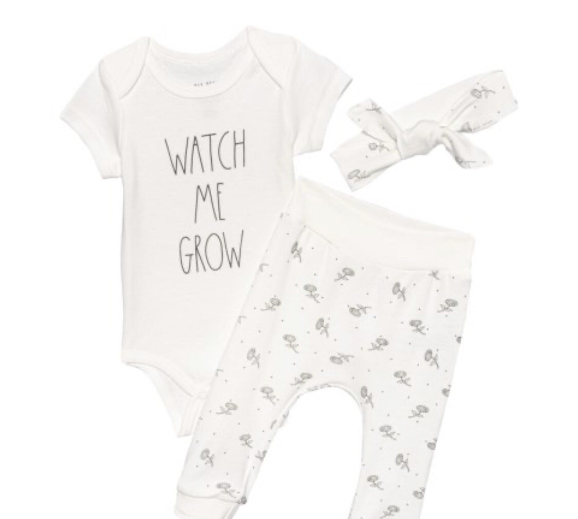 Rae Dunn Baby Outfit W/Headband Set Watch Me Grow 0/3 months New
