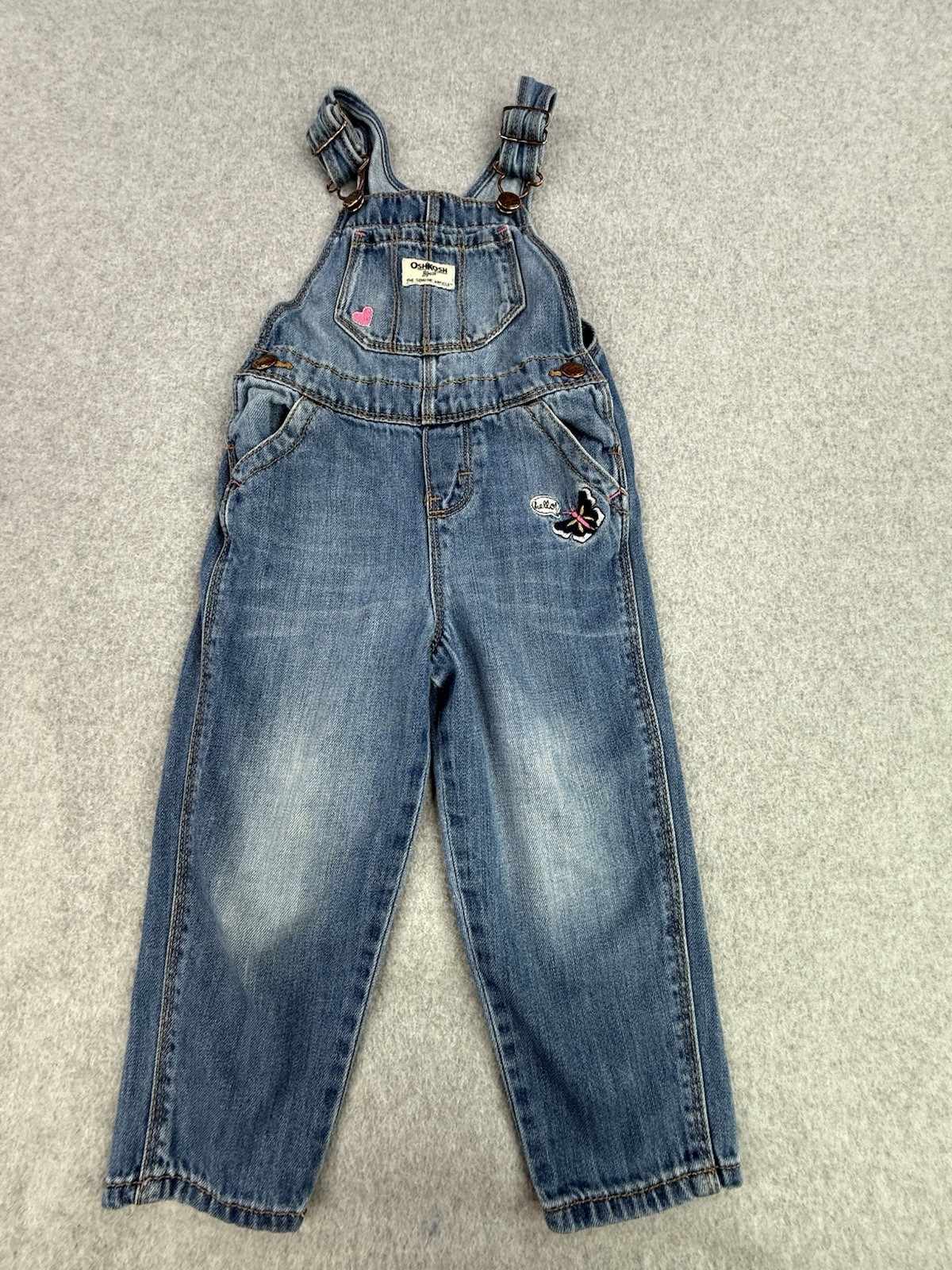 Oshkosh B’Gosh Girls 3T Cotton Vestbak Overalls Patchwork Butterfly Heart EUC
