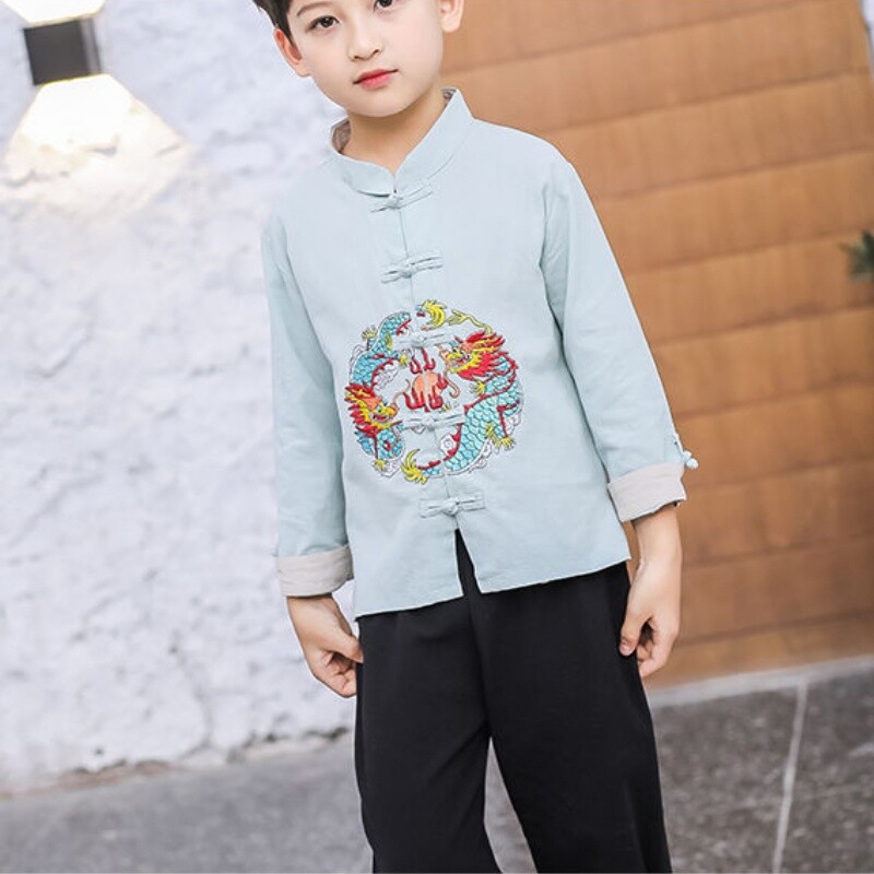 2Pcs Kids Boy Hanfu Chinese Tang Suit Outfits New Year Costume Embroidery