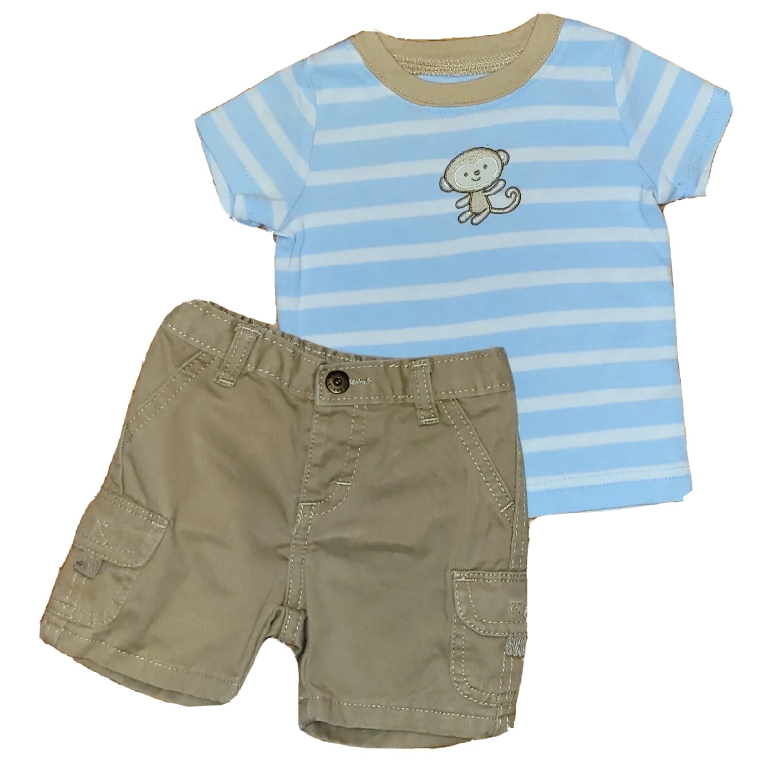 3-6 Month Carter’s Khaki Shorts And Blue Striped Monkey Tshirt Summer Outfit