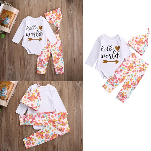Infant Newborn Baby Girl Long Sleeve Romper Tops + Printing Pants + Hat Outfits