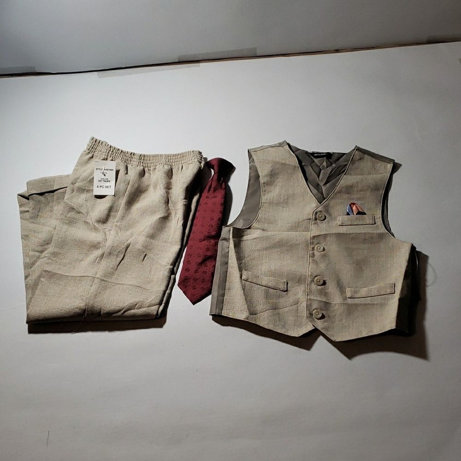 Boys’ Tan Suit Set with Vest and Tie Size 5