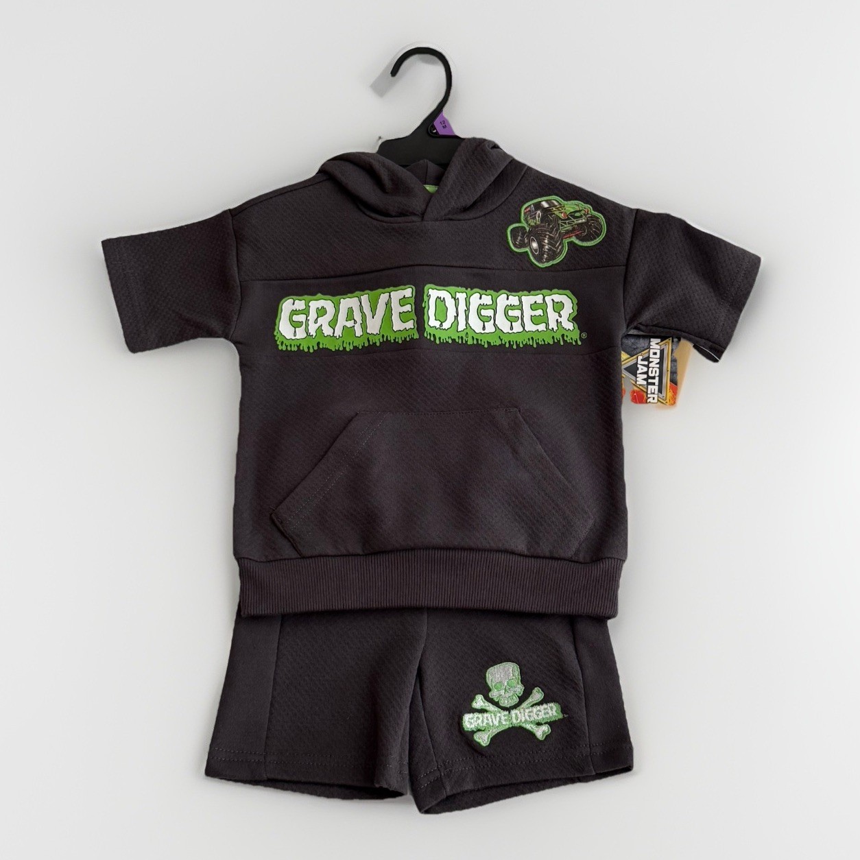 Monster Jam Baby Boy 12M Grave Digger 2-Pc Set Pullover Hoodie Shorts Outfit NEW