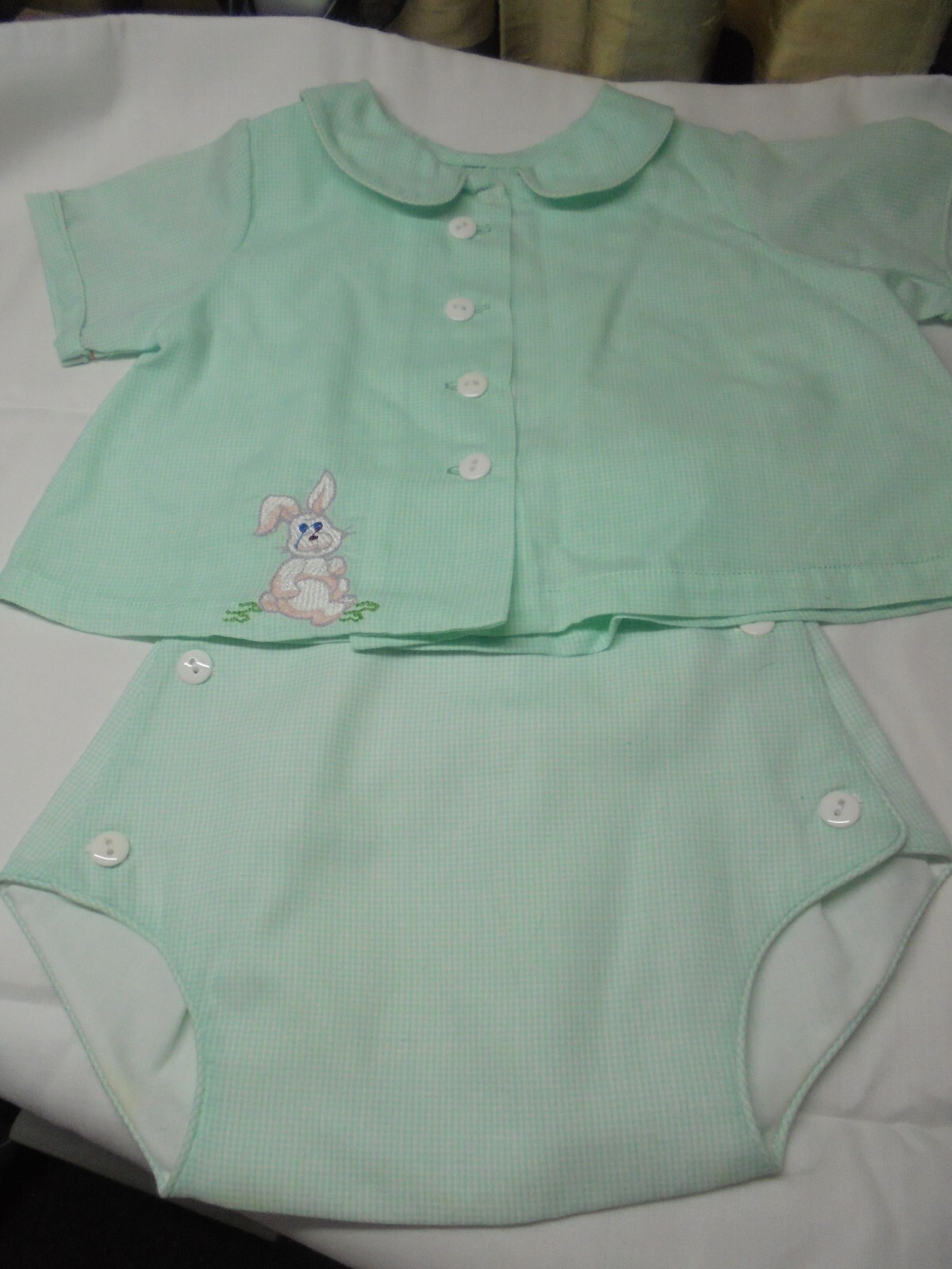 6 Month /14-18 lb.-Baby Outfit-Embroidered “Happy Bunny” Top/Diaper Cover