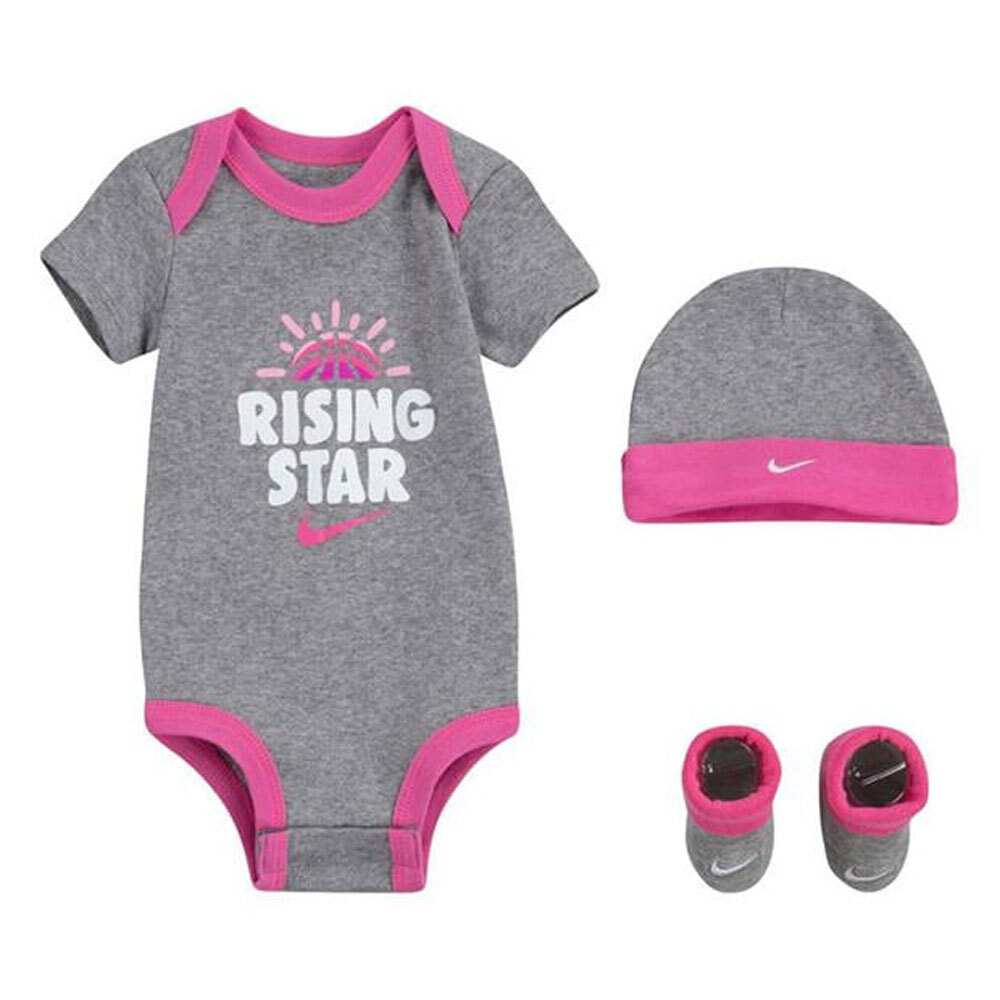 Nike Romper 3 Piece Set Baby Girls Bodysuit Hat Booties Grey Pink Rising Boxed