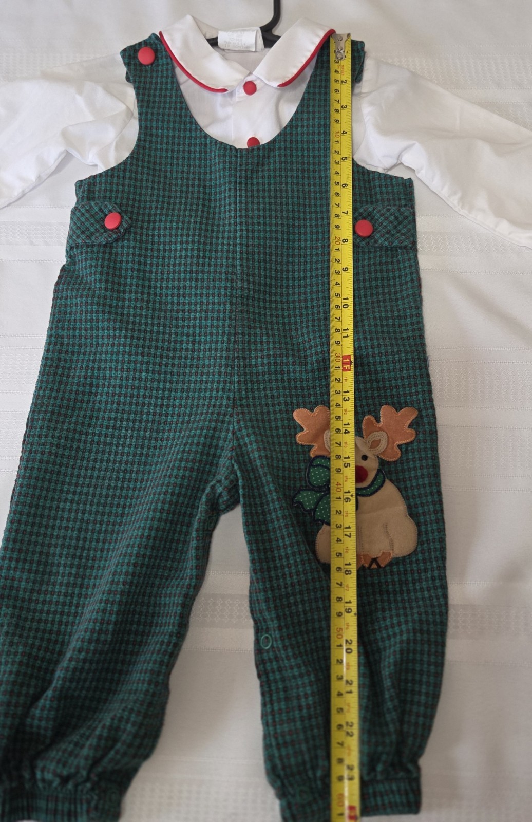 Reindeer Overalls Outfit Baby 18 Months Christmas Holiday Green Houndstooth 90s
