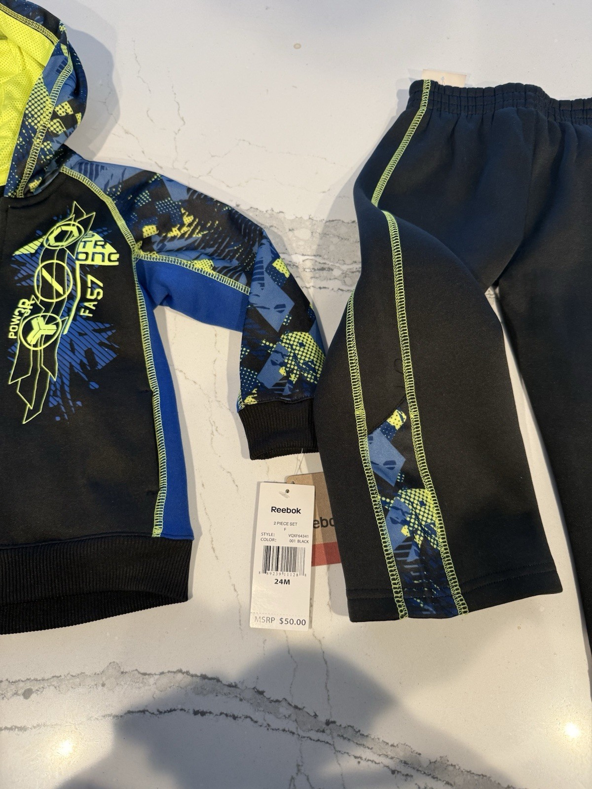 Reebok Hooded Jacket & Pants Set 24M Black Blue Yellow Abstract Logo Zip 2 Piece