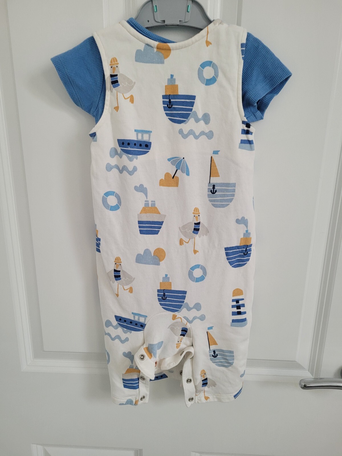 New Marks and Spencer M&S 2pc Blue White Cotton Rich AOP Boat Print Outfit Set