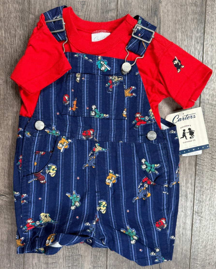 Baby Boy Clothes New Vintage Carter’s 3-6 Month 2pc Baseball Shortalls Outfit