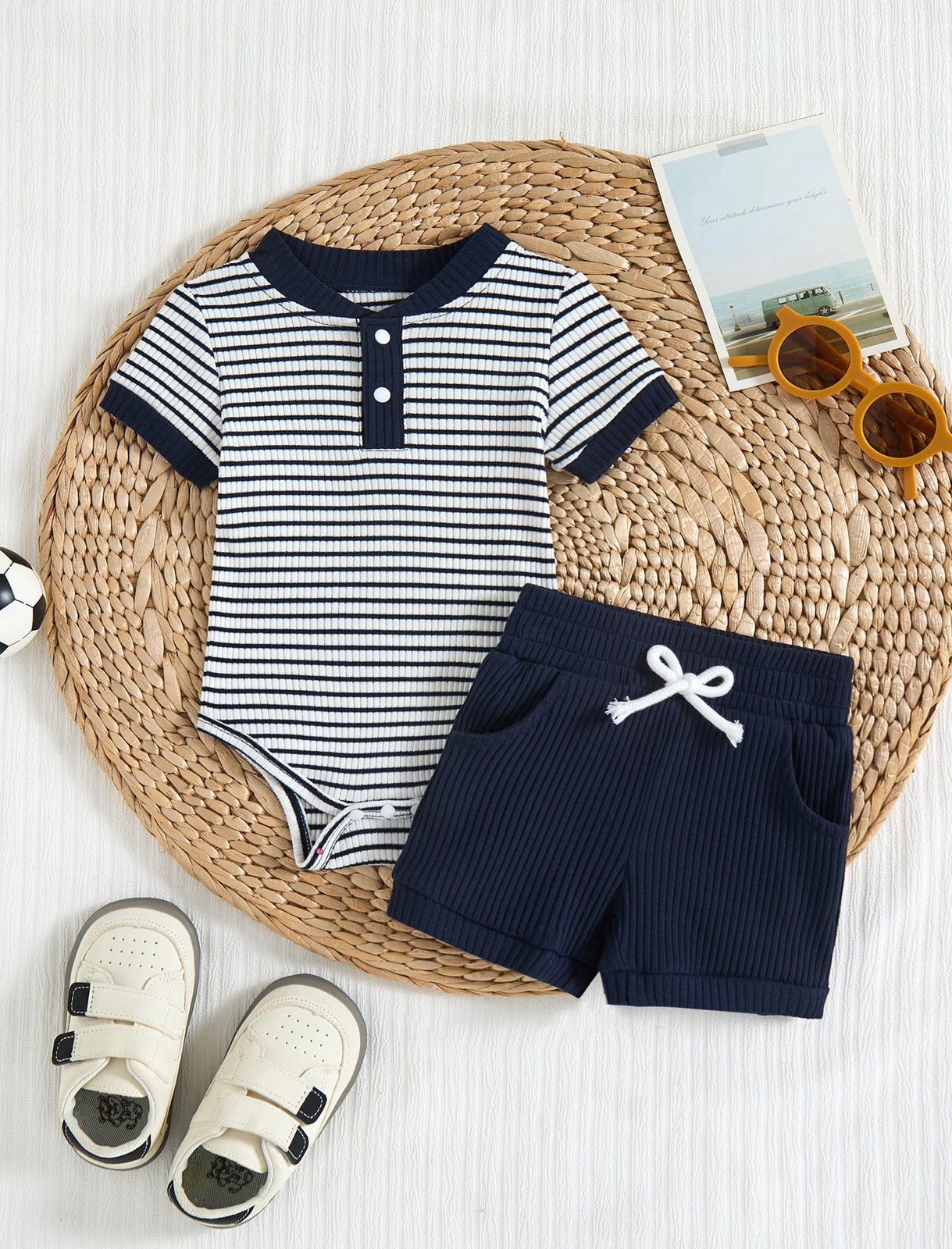 Baby Boy Clothes Ribbed Short Sleeve Striped Romper Top Solid Color Shorts Se…