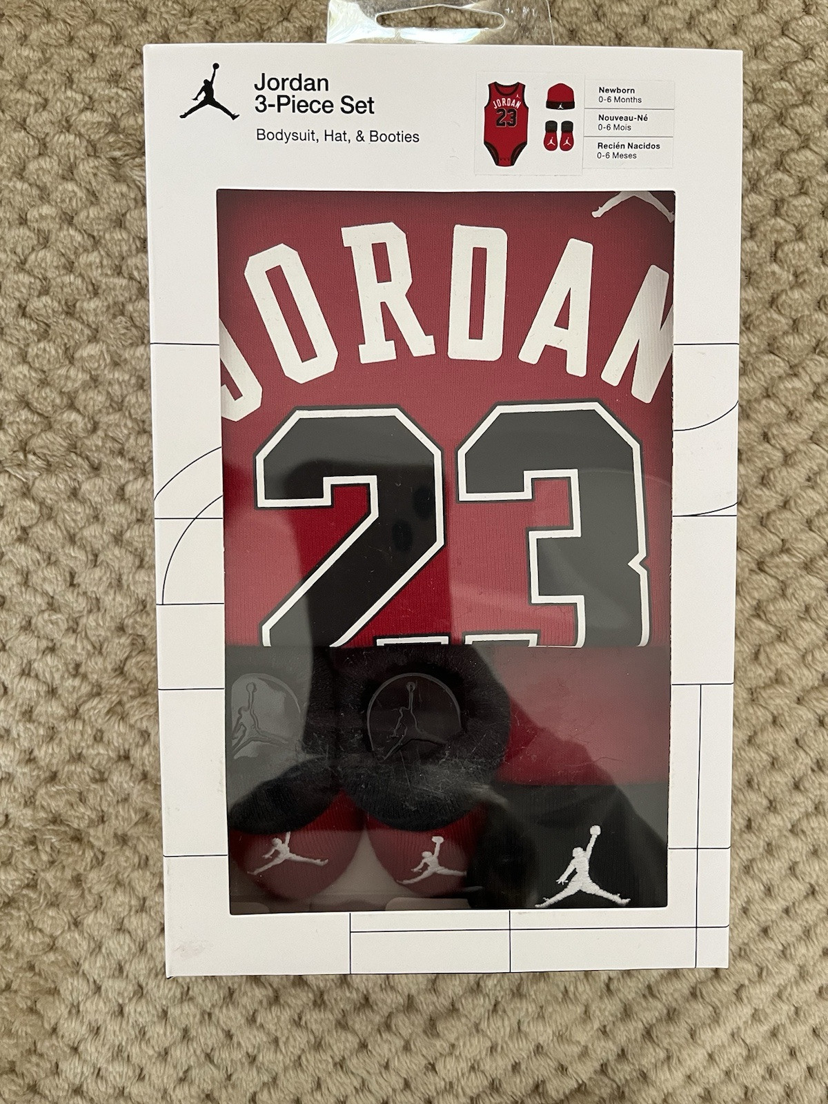 Jordan Baby Boy Bodysuit, Hat & Booties Set Red 0-6 Months