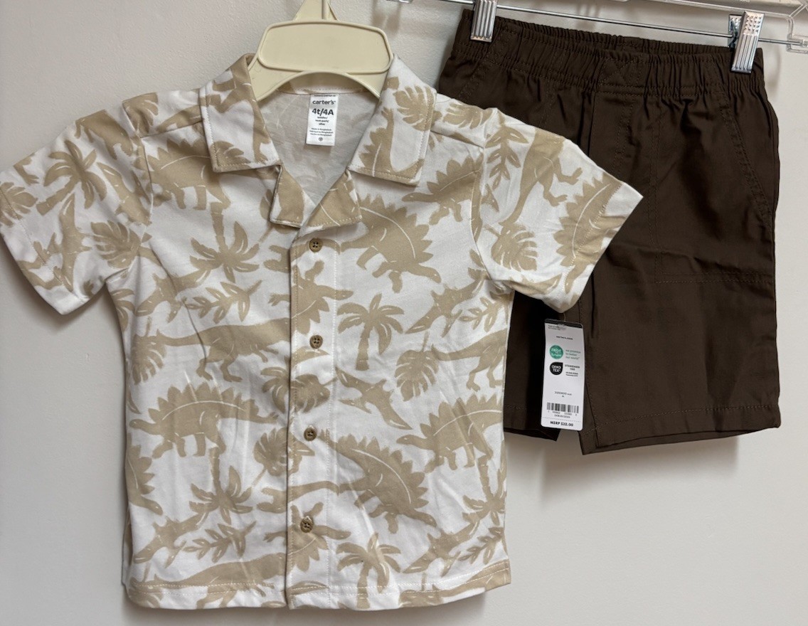 OshKosh B’gosh Toddler Boys’ Short Sleeve Dinosaur Button Up Shirt & Shorts 4T
