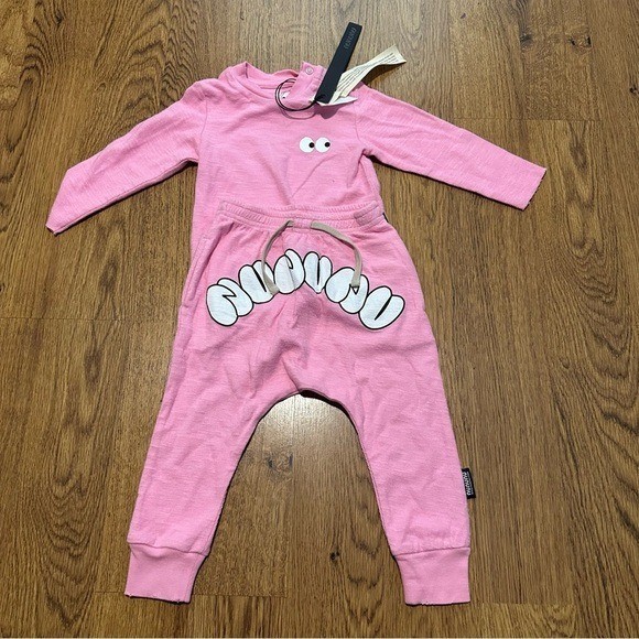 nununu Pink Kids two Piece graphic top pants 12-18 months NWT long sleeve
