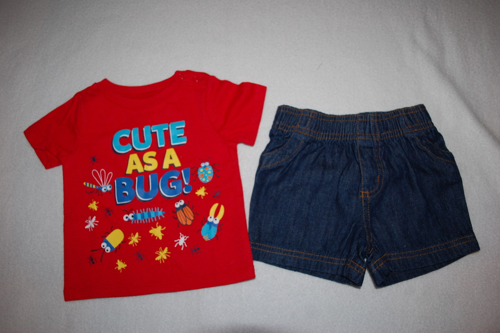 Baby Boys Outfit RED TEE SHIRT Insects – Cute As A Bug BLUE SHORTS Denim 3-6 MO