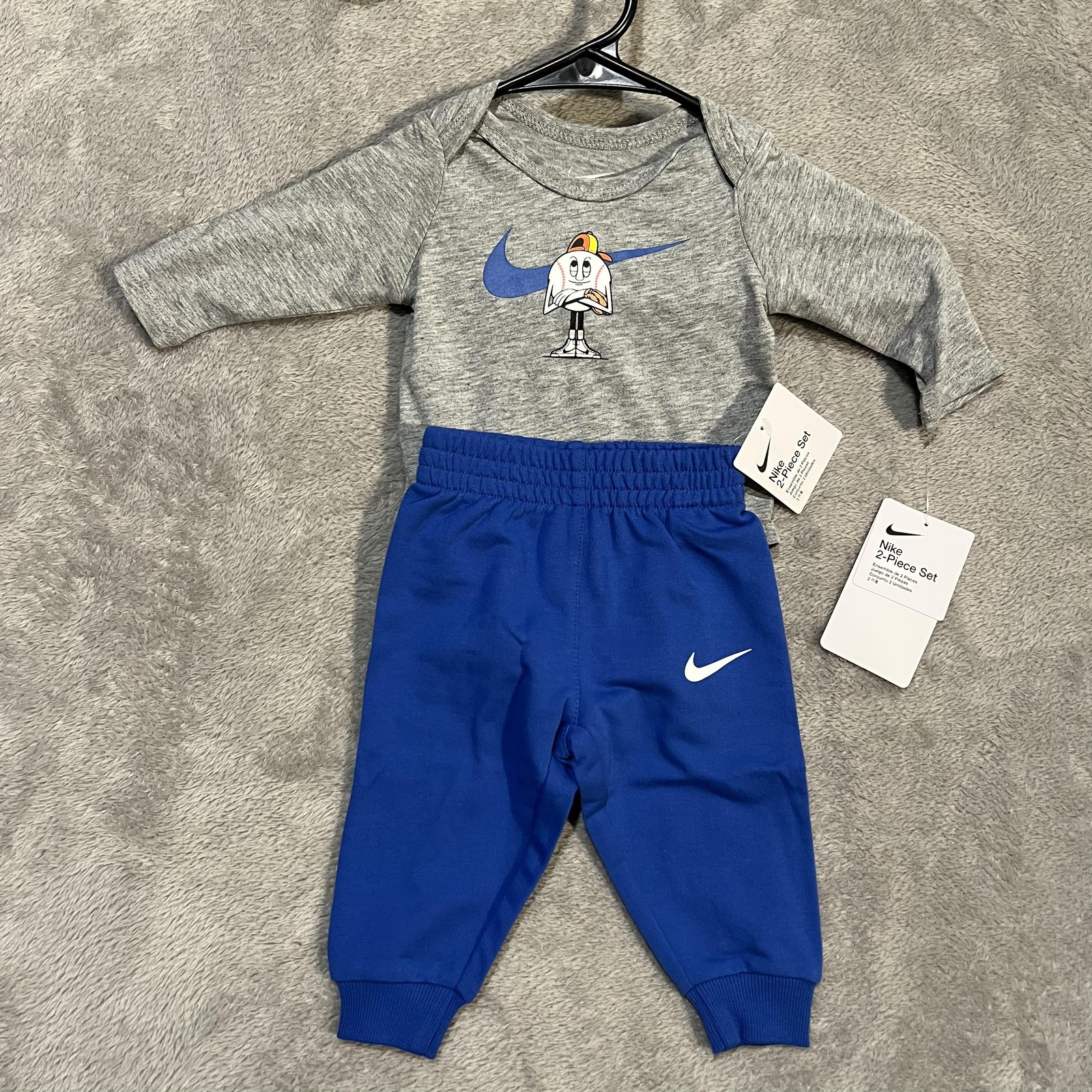Nike 2-Piece Set Infant 3M Gray Blue Long Sleeve Bodysuit Jogger Pants Swoosh