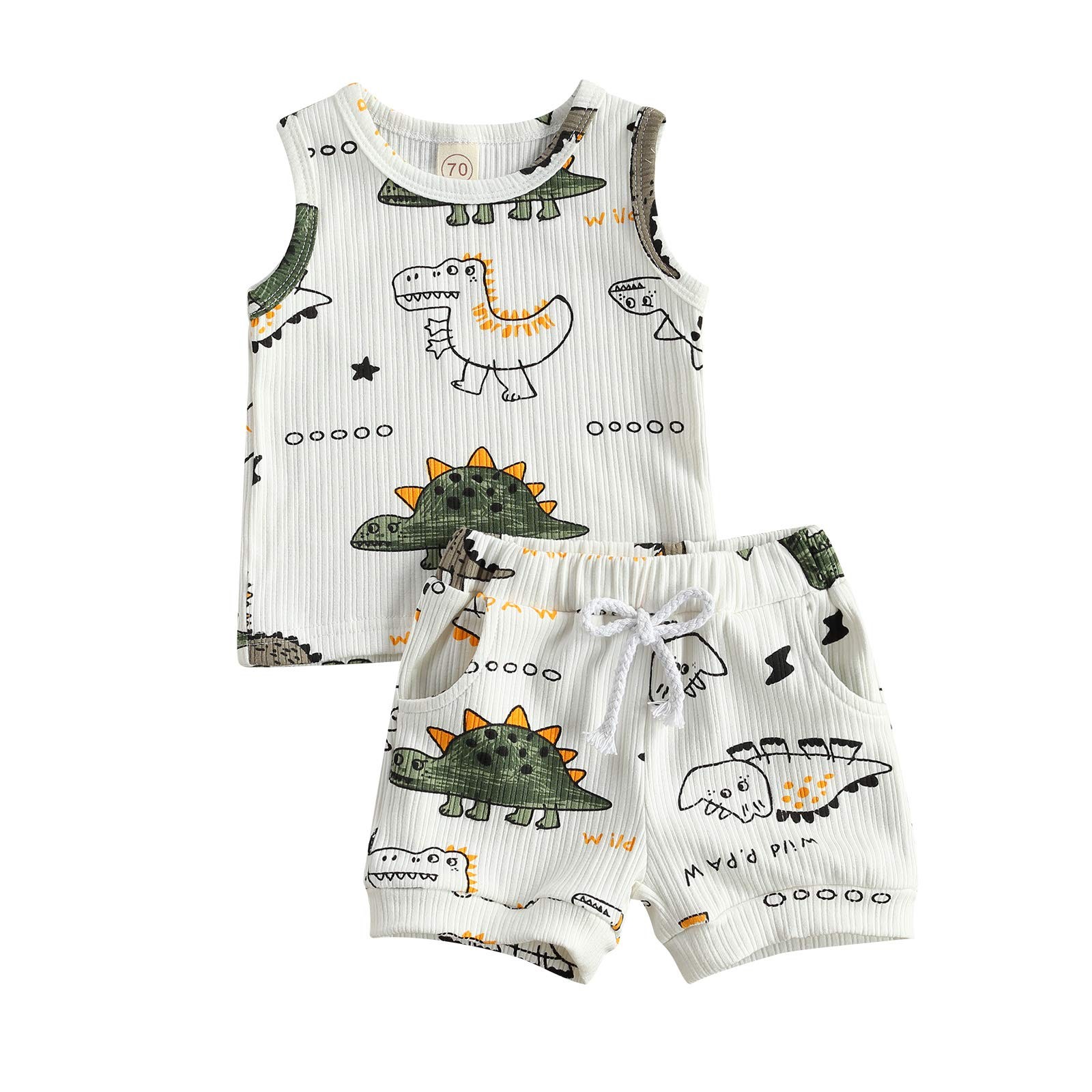 2pcs Summer Newborn Baby Boy Clothes Cute Dinosaur Letter Print Ribbed Sleeve…